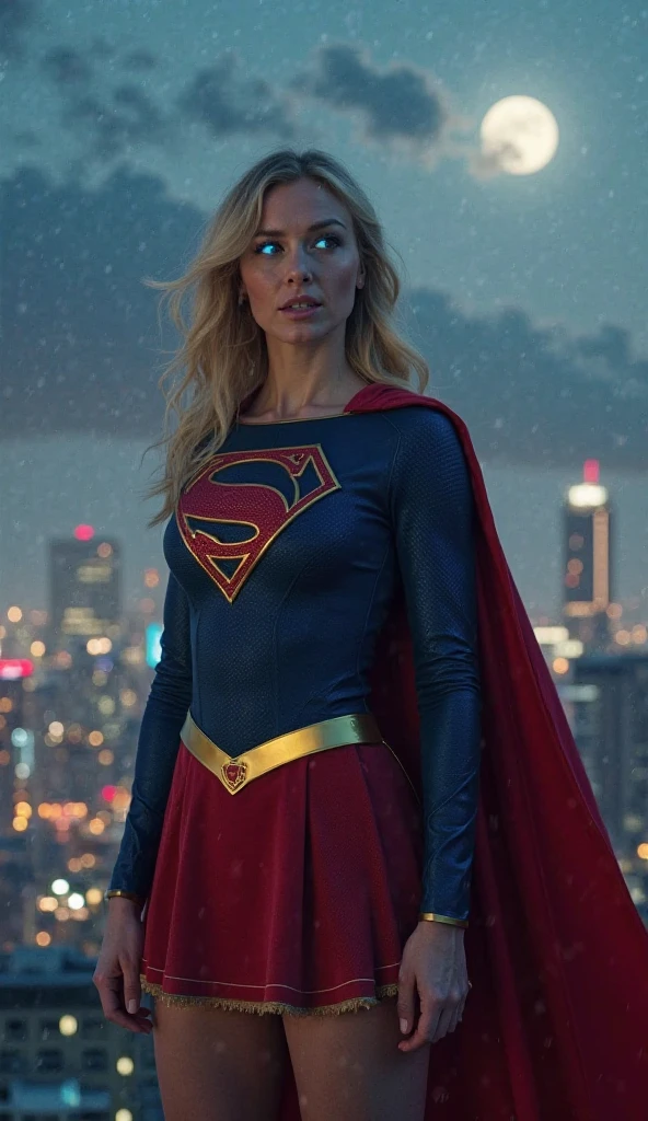 cinematic film still of ((Millie Gibson)) as supergirl ,wearing supergirl suit, standing on a roof top overlooking a city ,look up, serious expression, depth of field, telephoto lens, pudgy bulging stomach, medium blonde hair, looking up,(full body focus),half closed-eyes, central composition, night time, at night, shallow depth of field, highly detailed, high budget, bokeh, cinemascope, depressing, epic, gorgeous, film grain, grainy, ((Interrupted left brow)),