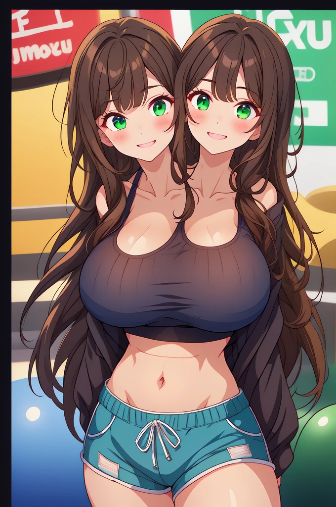 2 heads, a tall skinny woman with 2 heads. Outside in a park. Big breasts, four big breasts. Thin gorgeous face. Wearing small bikini top and jeans. Young. Happy. Flirty. Seductive. Tall. Blushing, flirty expression. Wild messy maroon hair. Cute. Girlfriend. Close up. Blushing. In love. Selfie, POV selfie, taking a selfie.