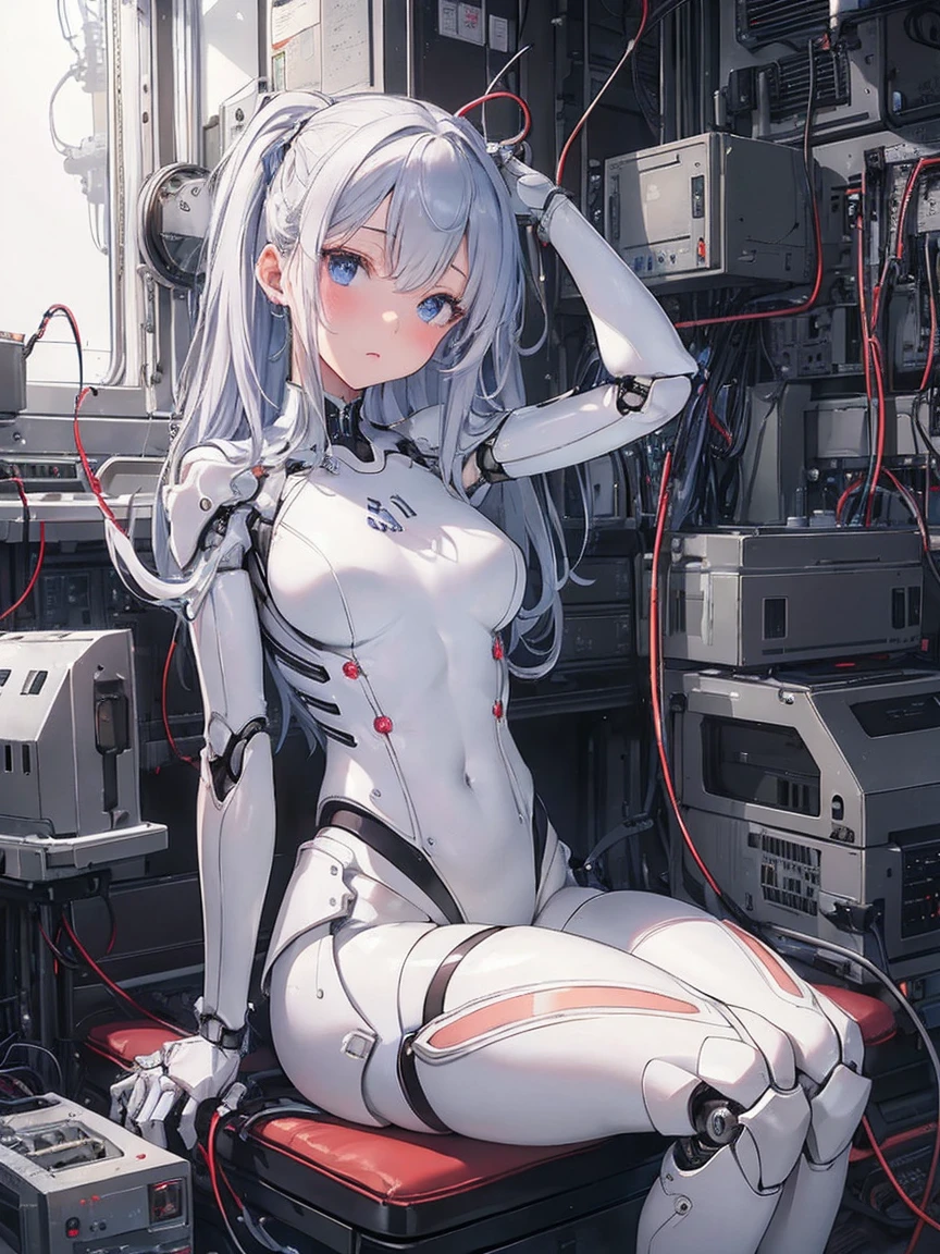 NSFW, (((masterpiece)))、(((highest quality)))、((Super fine))、(Detailed CG illustration)、((very delicate and beautiful))、(Delicate and cute face)、cinematic light、((1 Mechanical Girl))、solo、Full body Esbian、(highest qualityのイラスト:1.2), (pretty girl:1.1), (1 girl, solo:1.5), (1 girl、18-year-old、beautiful breasts:1.5、highly detailed eyes:1.2)、(beautiful breasts:1.1)、Cyborg Machine Main Body、positive、white cyber suit、perfect fit、black haired、brown hair、silver hair、blonde、blue hair、blue eyes、brown eyes、red eye mechanical joint:1.4)、((mechanical limbs))、(blood vessels connected to tubeechanical spine attached to back))、((mechanical cervical vertebrae)attached to the neck))、((Sitting on a chair on a machine))、No expression、(Wires and cables attached to head and body:1.5)、(character focus)、nffsw、Under maintenance、Touching the whole body with a mechanical arm