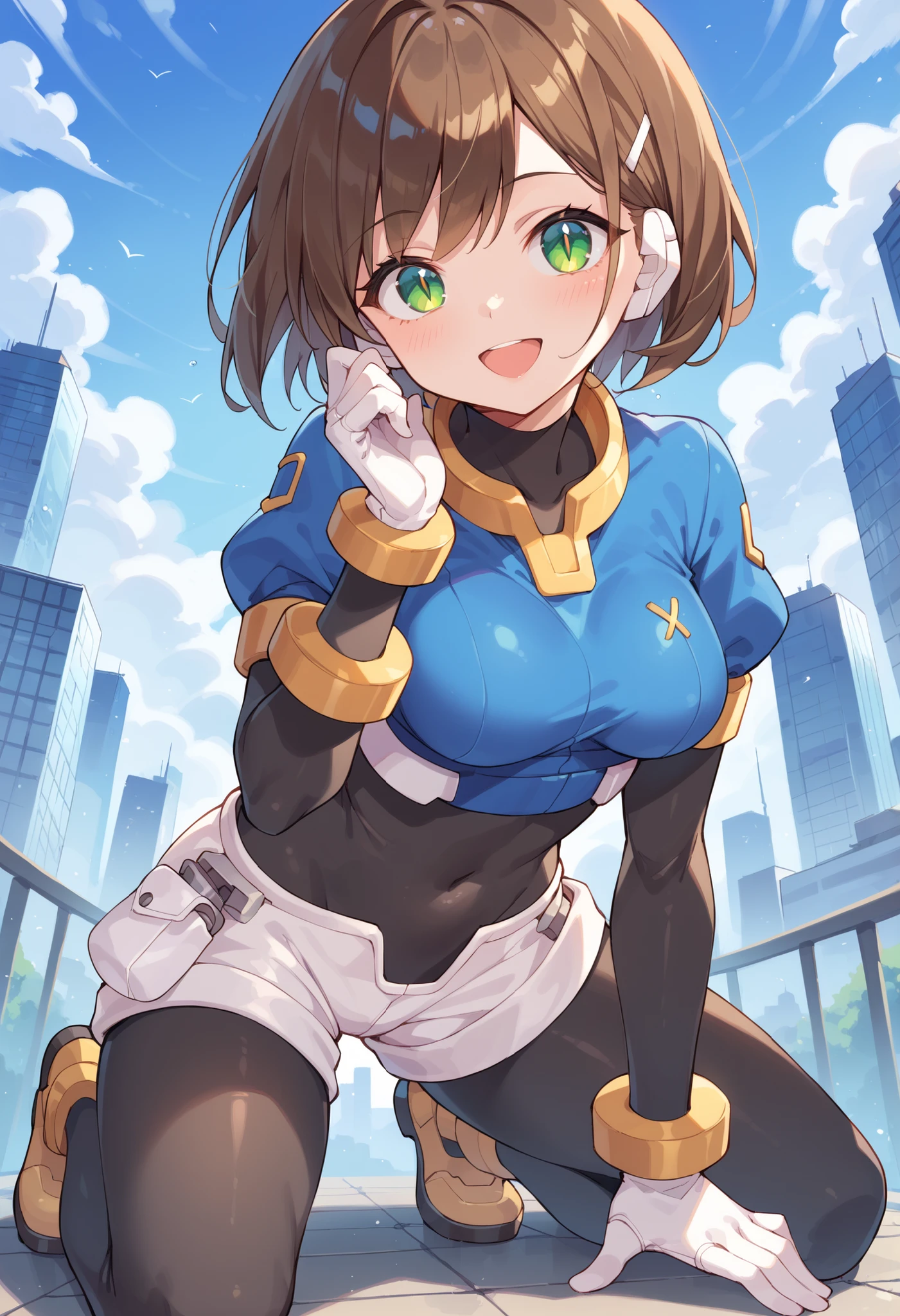 masterpiece, best quality, integrated scenery, integrated background, extremely delicate and beautiful, meticulous details, good composition, , cute face, perfect face, perfect hands, aile (\megamanzx\), ,BLAKE, 1teen_young_girl, solo, bob_hair, brown hair, short_sleeves_blue_shirts,bodysuit, robot ears, large_green_eyes, short_shorts, short sleeves, short over long sleeves, smile, in futuristic city, high quality, medium_breasts,crotch,up_arm,kneeling_spread_legs,bodysuit_midriff,half_round_eyes,light_open_mouth,(groin:0.5),large_hip,front_slit
