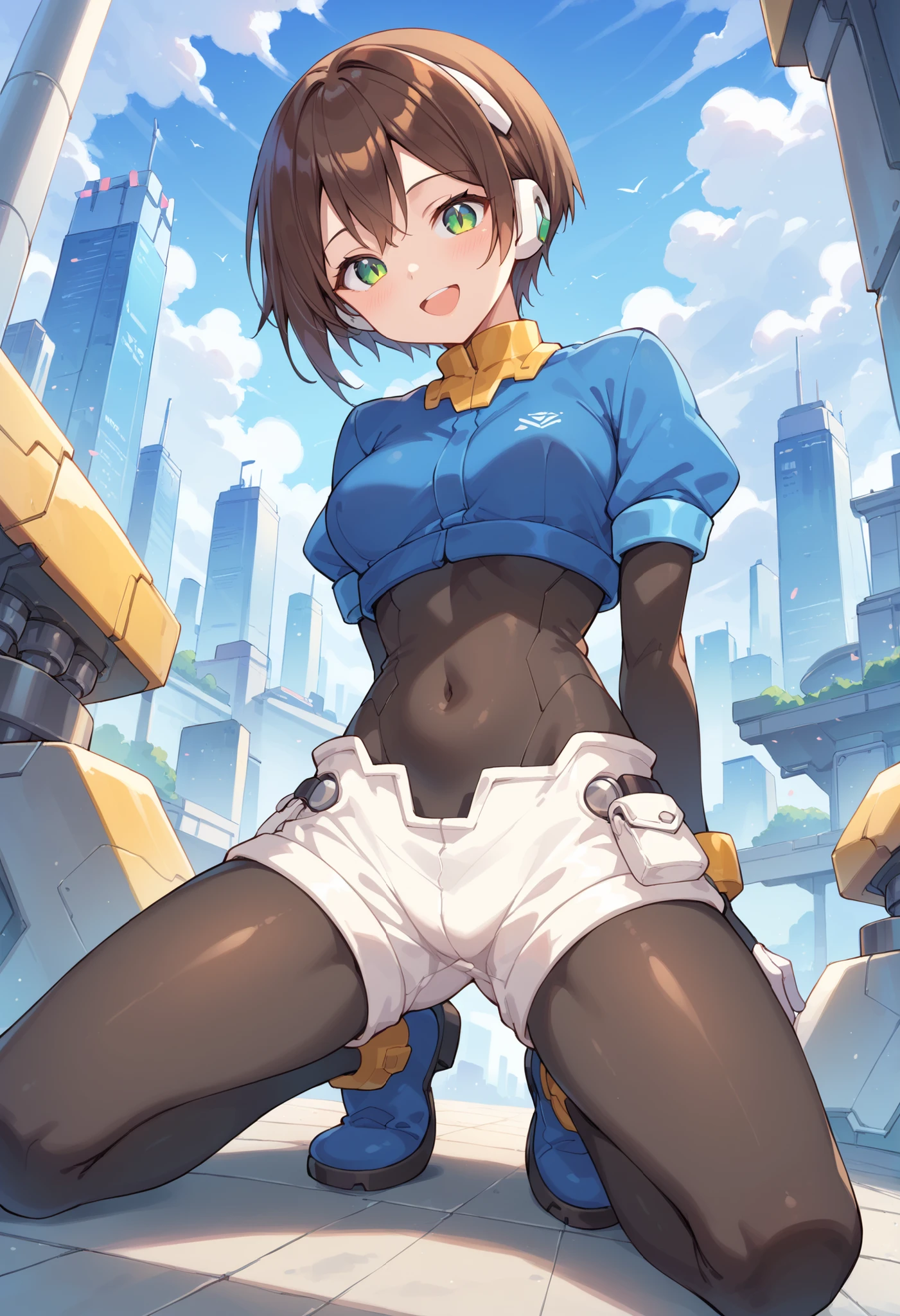 masterpiece, best quality, integrated scenery, integrated background, extremely delicate and beautiful, meticulous details, good composition, , cute face, perfect face, perfect hands, aile (\megamanzx\), ,BLAKE, 1teen_young_girl, solo, bob_hair, brown hair, short_sleeves_blue_shirts,bodysuit, robot ears, large_green_eyes, short_shorts, short sleeves, short over long sleeves, smile, in futuristic city, high quality, medium_breasts,crotch,up_arm,kneeling_spread_legs,bodysuit_midriff,half_round_eyes,light_open_mouth,(groin:0.5),large_hip,front_slit