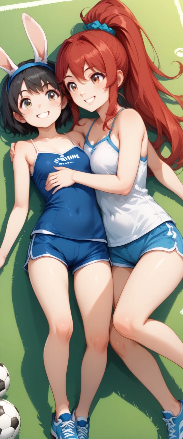 Beautiful girls playing volleyball on their backs in very tight clothes 