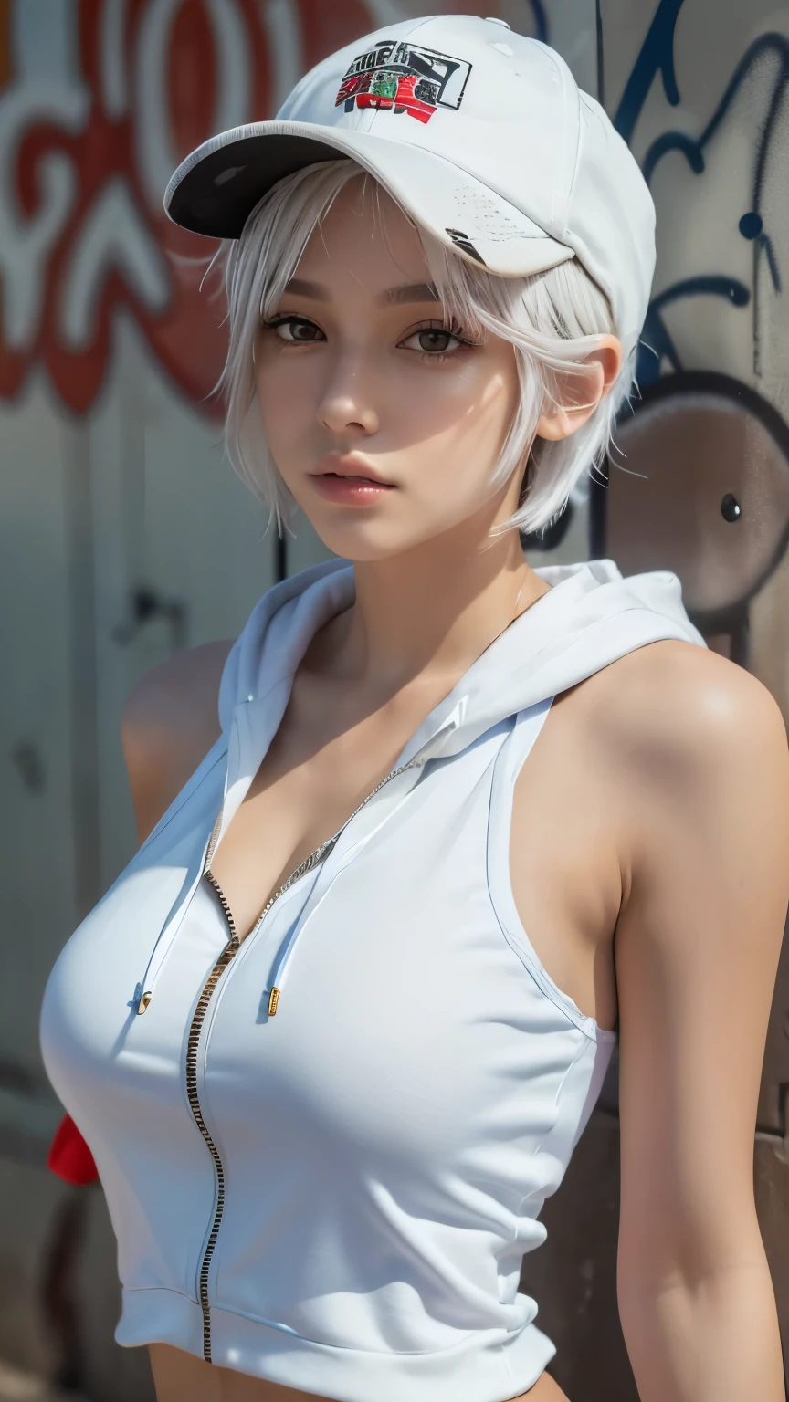 masterpiece, highest quality, Super detailed, 8k, Photorealistic, One girl, alone, Tomboy, Super detailed face, (head shot:1.5), Standing against a wall covered in hip-hop graffiti, White hair color with pixie cut, He is wearing a short tank top and an unzipped hoodie.,The chest is visible,Nice butt,Wearing a New Era cap、(Big Breasts:1.6, Big cleavage)