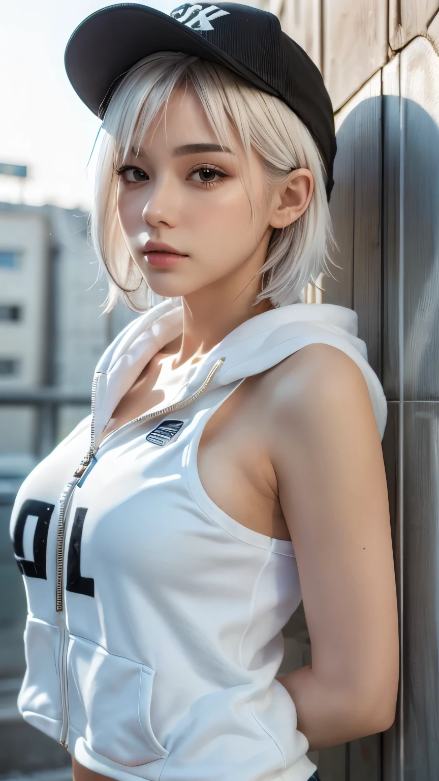 masterpiece, Highest quality, Very detailed, 8K, Realistic, One Girl, alone, Tomboy, Very detailed face, (head shot:1.5), Standing in front of a wall covered in hip hop graffiti, Pixie cut white hair, He is wearing a short tank top and an open-zipped hoodie..,I can see your chest,Nice ass,Wear a New Era cap