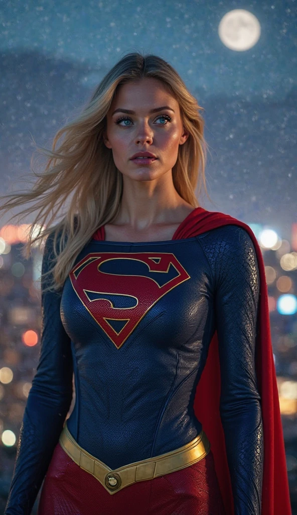 Supergirl standing tall yet weary, her usually pristine outfit a testament to the fierce battle she has just endured. Her once neatly coiffed hair is now a wild tangle of gold, obscuring one side of her face and framing the determined set of her jaw. Her iconic blue and red costume is in tatters, with the fabric of her top torn and hanging precariously, revealing a glimpse of her superhero emblem and a hint of underboob beneath. The crimson 'S' insignia on her chest is scuffed and slightly askew, a stark contrast to the vibrant colors that still cling to the rest of her garb. Her skirt is ripped almost entirely off to one side, exposing her powerful thigh and the top of her matching boots, which are scuffed and battle-worn. The cape, though torn at the edges, billows dramatically behind her, as if caught in an unseen wind. In the background, the city skyline is bathed in the soft glow of dawn, with the first rays of sunlight peeking through the clouds, hinting at a new day and the promise of victory. Despite her disheveled appearance, her eyes are a fiery blue, filled with a mix of exhaustion and unyielding resolve, a silent declaration that she will always stand to protect her city. The scene is a blend of chaos and hope, a moment frozen in time that speaks to the strength and resilience of the female superhero.