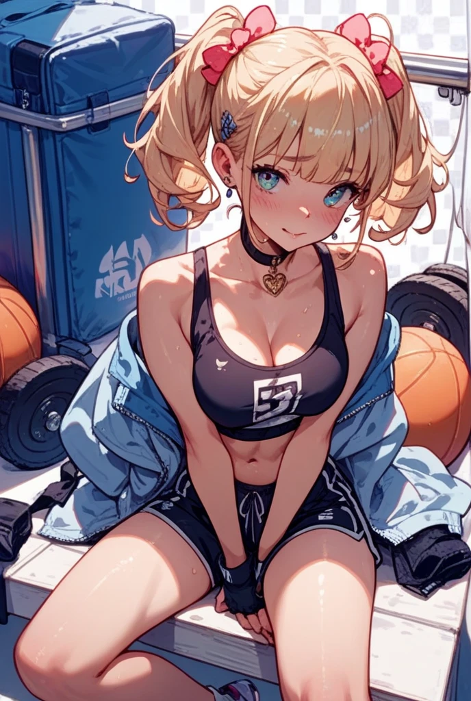 a cartoon girl with a puffy shirt and cute pink hat on, 1girl, fishnets, black shorts, shorts, hat, blue eyes, baseball cap, choker, blonde hair, navel, crop top, looking at viewer, thighhighs, breasts, black headwear, braid, collarbone, single thighhigh, heart, short shorts, hood, sitting, midriff, spoken heart, fishnet thighhighs, black choker, thighs, long hair, abs, solo, twin braids, highleg, hoodie