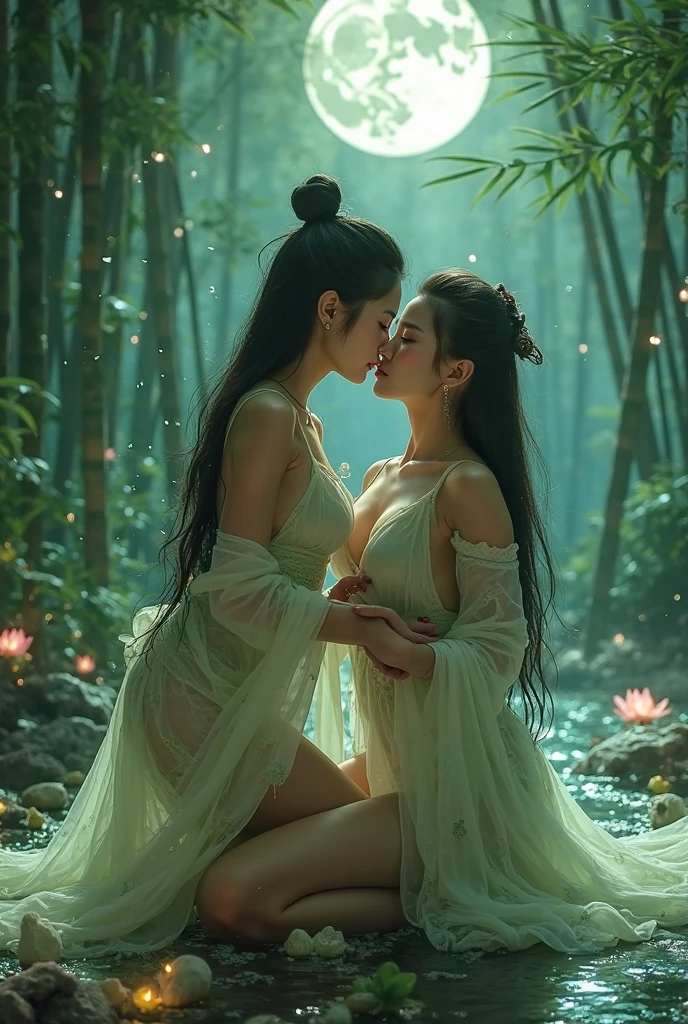 An ancient Chinese beauty sitting on a stone, two gorgeous and stunning beauty is deeply in love with each other, kiss, wearing ancient Chinese clothing, flowing tulle, light silk, lazy posture, large lotus leaf, lotus, ink painting style, clean color, decisive cutting, blank, freehand, masterpiece, super detailed, epic composition, high quality, the highest quality, 4k
