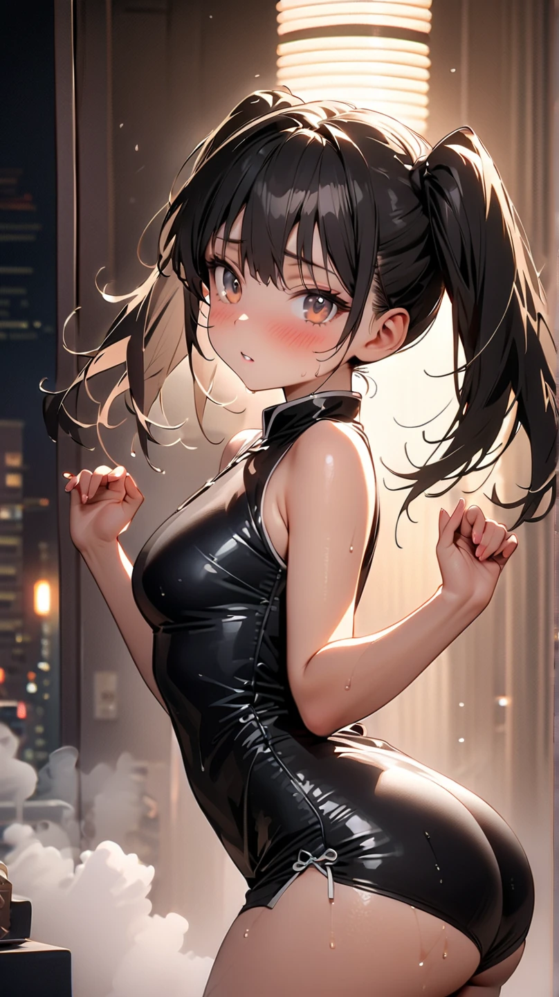woman,,,city,night,(((white and blue tight miniskirt bodysuit))),,open mouth smile(())(See-through),(()),((Satin Nariko)),blush、surprised face,((())),((look back))(wet with sweat)