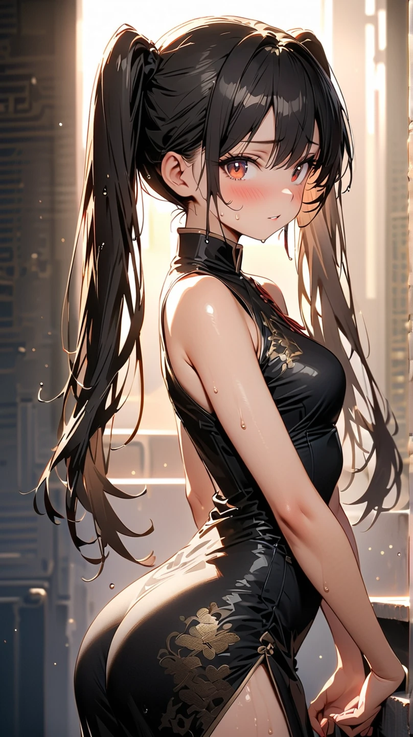 ((masterpiece,Highest quality:1.3,best quality illustration)),realistic,having clothed sex,man on top,cowboy shot,独奏,1woman,(18 year old beauty),black hair,long hair,bangs,black eyes,gorgeous big eyes,((very small head:1.3)),shy,tongue,((very long body:1.2,skinny)),medium breasts,(Punk Fashion,Black leather camisole、Black leather tight mini skirt、black_thighhighs),sweat,gleaming skin,toned body,slender body,(vaginal penis),lying,spread legs,Back Alley、World of Blade Runner、nsfw