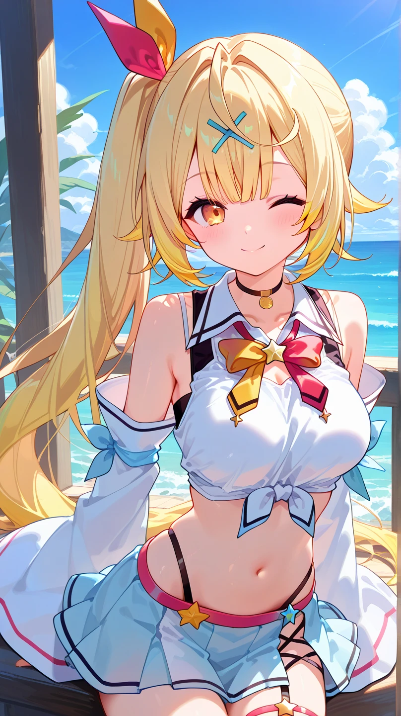 Safe for work, masterpiece, best quality, solo, 1 girl,  cute girl, wholesome girl, (young female body:1.4), ( medium small breasts), cowboy shot, shy smile, flustered,  yellow golden hair, extra gold long ponytail hair, thick wavy hair, hime cut, blunt bangs, crystal blue eyes, light blue detailed eyes, white cat lengerie, 