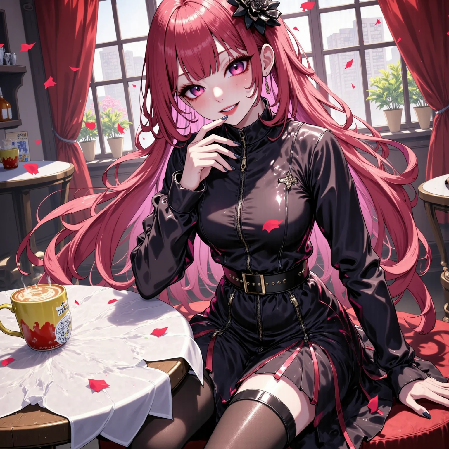 A pink haired woman with violet eyes with an hourglass figure in a leather jacket and lacy dress is sipping tea in a Gothic bedroom