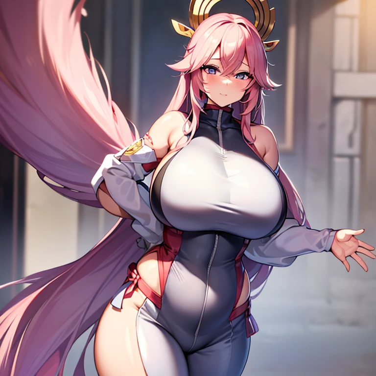 ((extreme detail)),(ultra-detailed), extremely detailed CG unity 8k wallpaper, best quality, Yae_Miko_Genshin_Impact, bodysuit, posing, cowboy shot, lens flare. Girl with thick fat chunky physique. Her height is around 5 feet 2 inches (157 cm), with a huge mommy body. Her skin tone is fair and smooth, giving her an older appearance. In terms of facial features, Hinata has a soft and gentle countenance. She has a slim nose, and her lips are naturally pink and slightly full. Her eyebrows are well-shaped and neatly arched, framing her eyes beautifully. Her are huge and well-shaped. they are massive and u can see a nipple outline Overall, Hinata's appearance is characterized by her serene and kind expression, representing her gentle nature. A sexy girl with huge and a thick body is wearing a body-tight suit where you can see all of her curves and nipple outline white hair. She is thick busty fat and has huge her suit is very very tight and covers her whole body you can see all of her curves and body. Full body suit very tight you can see her full body