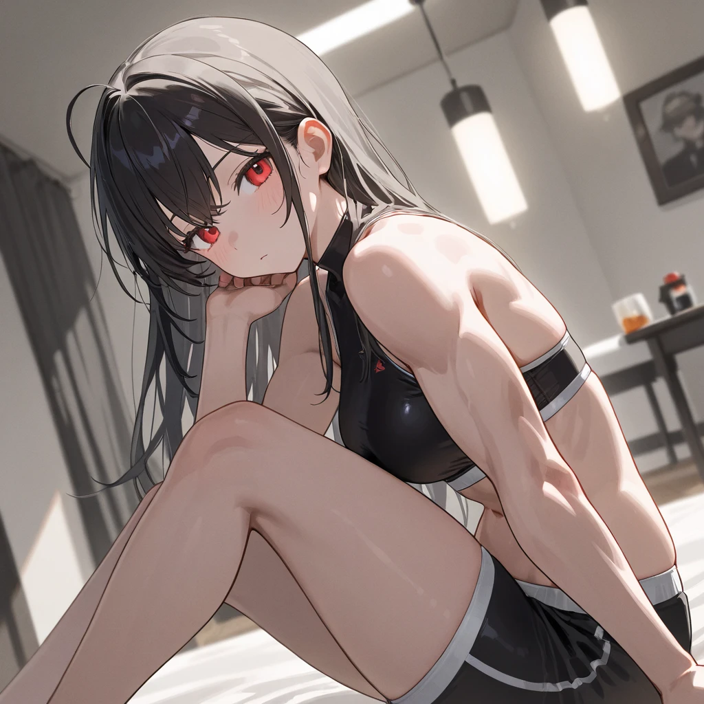 masterpiece, best quality, highres, Tohsaka Rin, 1girl, solo, busty, normal breasts, black hair, twintail, sport bra, short skirt, looking at viewer, full body, standing, simple background, (erotic pose:1.4), blush, flustered, (Crotch panties exposed:1.3), ((arms behind head, double armpits, crouching down, half-squat, Open the crotch before:1.3)), Half body, upper body, In the middle, symmetrical,
