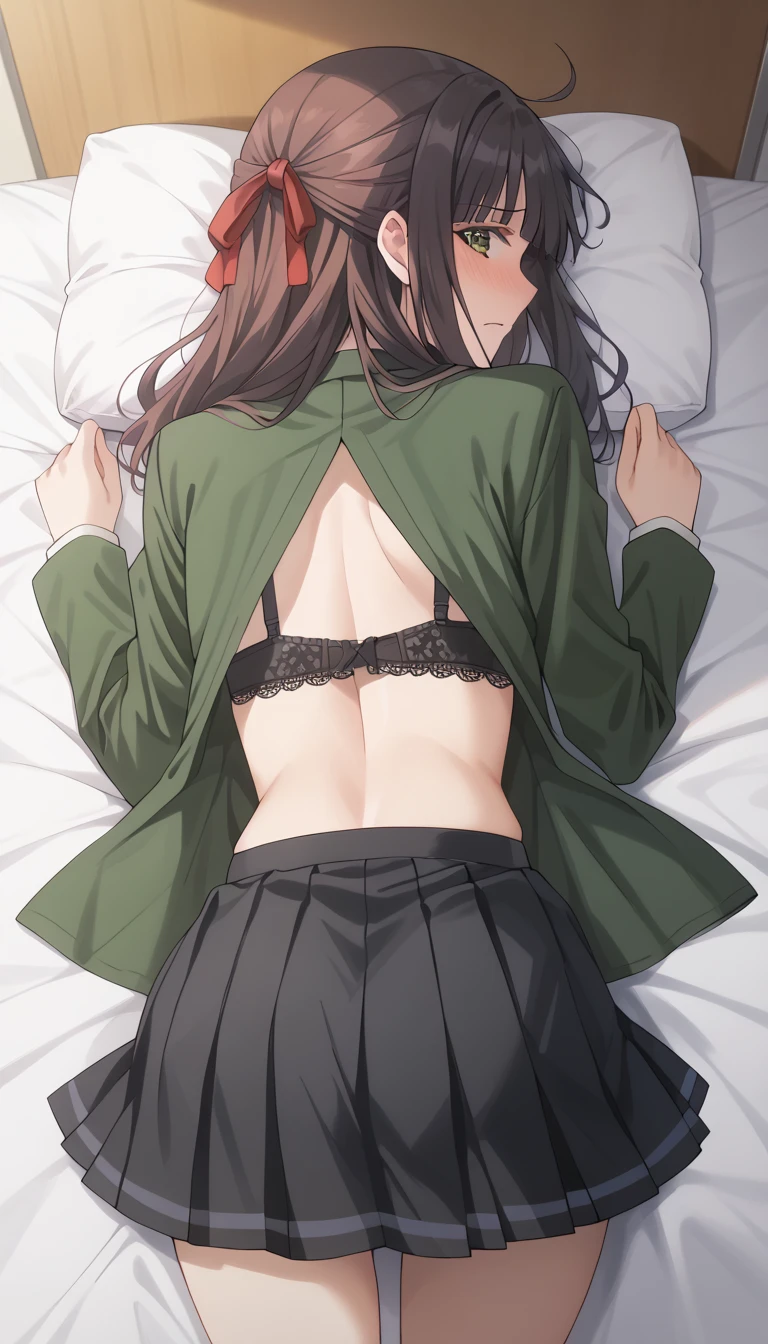 (((pixel-perfect, detail-perfect))), solo, 1girl, yozora mikazuki, school uniform, blazer, long hair, looking at viewer, closed mouth,
Panty Pose, (Fully exposed panties:1.5)、(white panties:1.3)、(Skirt that rolls up:1.3)、(Skirt lift:1.3), Panty shots, Best Quality, looking back, Panty Pose, (Fully exposed panties:1.5)、 (Panties:1.3), (lying on back, head on pillow:1.6), ( closed legs:1.2), (from behind, lower body, looking at viewer :1.4),
