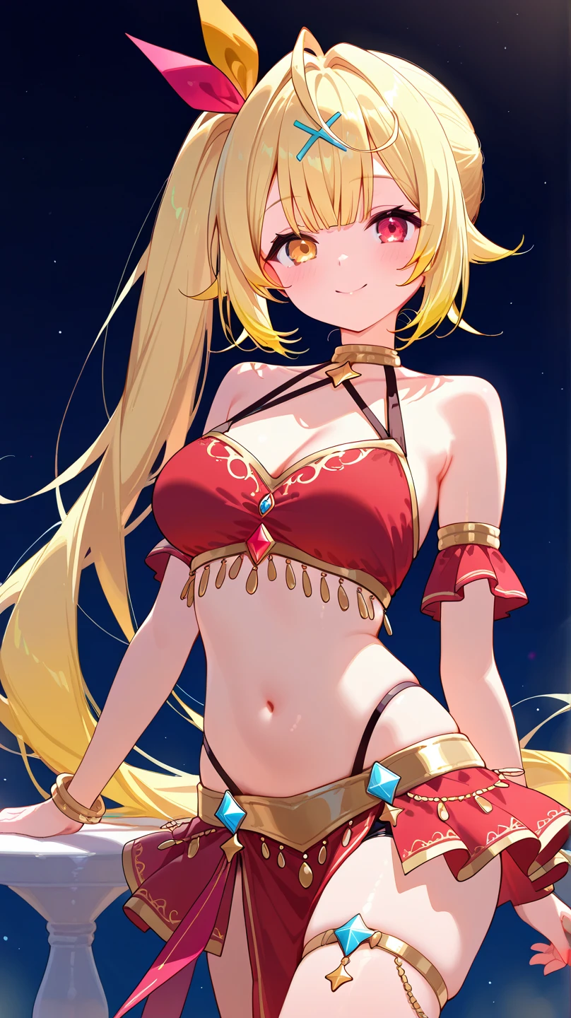 1girl, bright, blonde, long hair,, red eyes, moon motif, multicolored hair, saleme, head mask, side lights, light particles, wallpaper, big, plump, idol, swimsuit, loose, fluffy, quiet, smile, gentle, clear, sexy, teacher