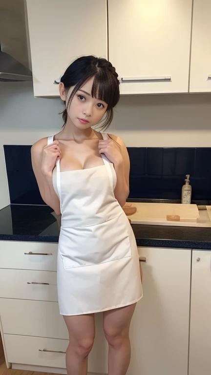 one Japanese female, (a beauty female, delicate female:1.3), (20-year-old:1.0), break, (summer、 Naked Apron:1.3), break, (kitchen:1.3), break, Extremely fine resolution, (Symmetrical eyes:1.3), break, Small breasts, Brown eyes, Parted bangs, Brown Hair, female, break, (Eye and facial details:1.0) break, (masterpiece, highest quality, Very detailed, Detailed face, 8K)、stand、slouch、Side view、Hands up、Both armpits