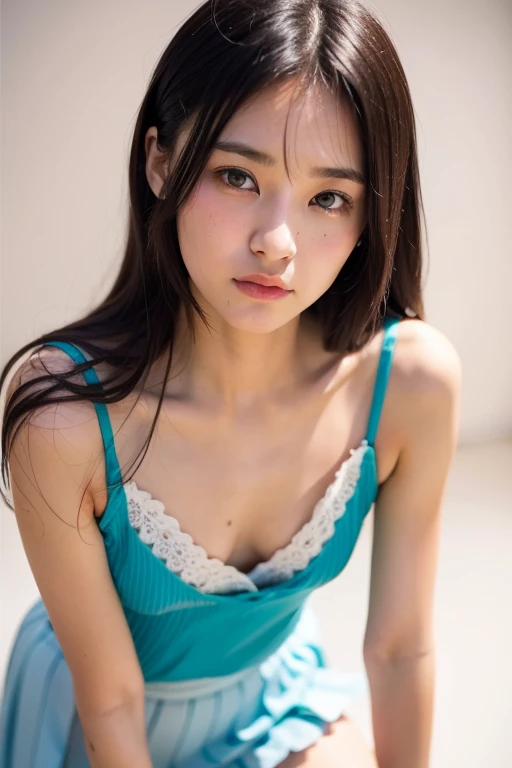 1 girl, bra leakage, 15 years old, munechira, small breasts, small tits, sitting in a chair, looking away, Expressionless, shirt ,plus cute decolated detailed bra within , view from side, Upper body, classroom, necklace ,leaning forward,mittens