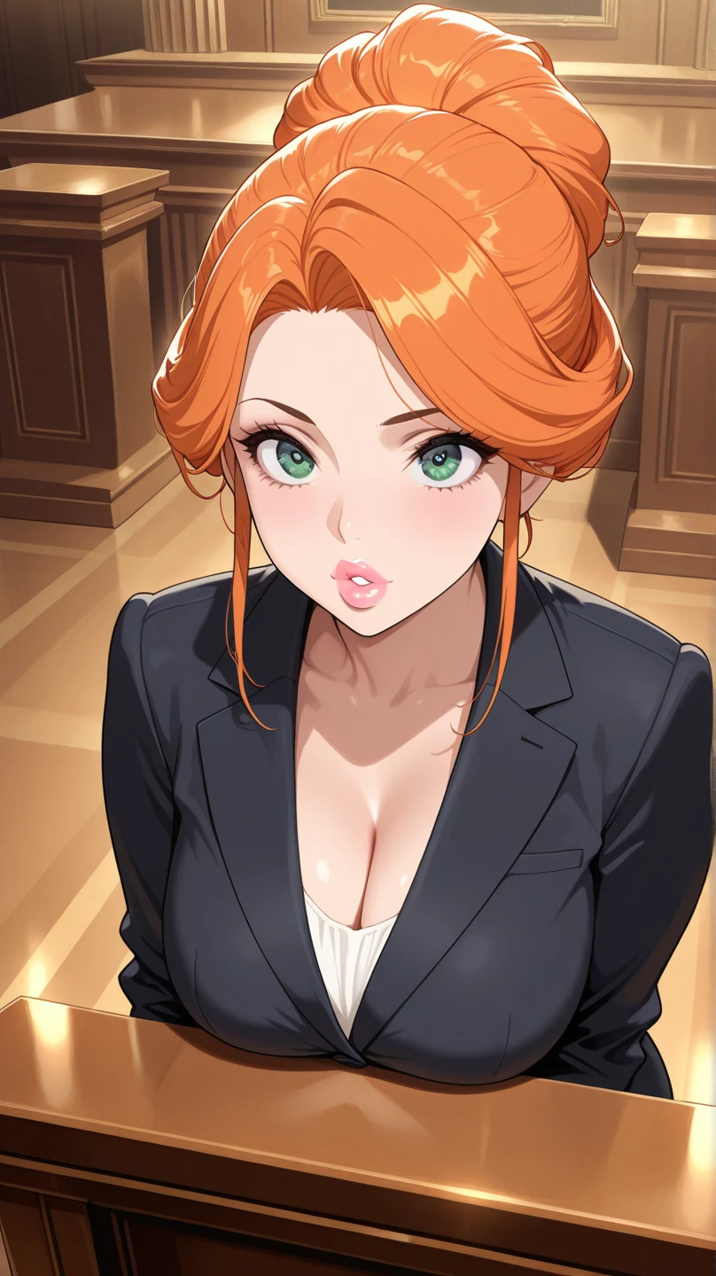 rangiku, solo, black haori, cleavage, from above, ((city)), masterpiece, night, blonde hair, deep gray eyes