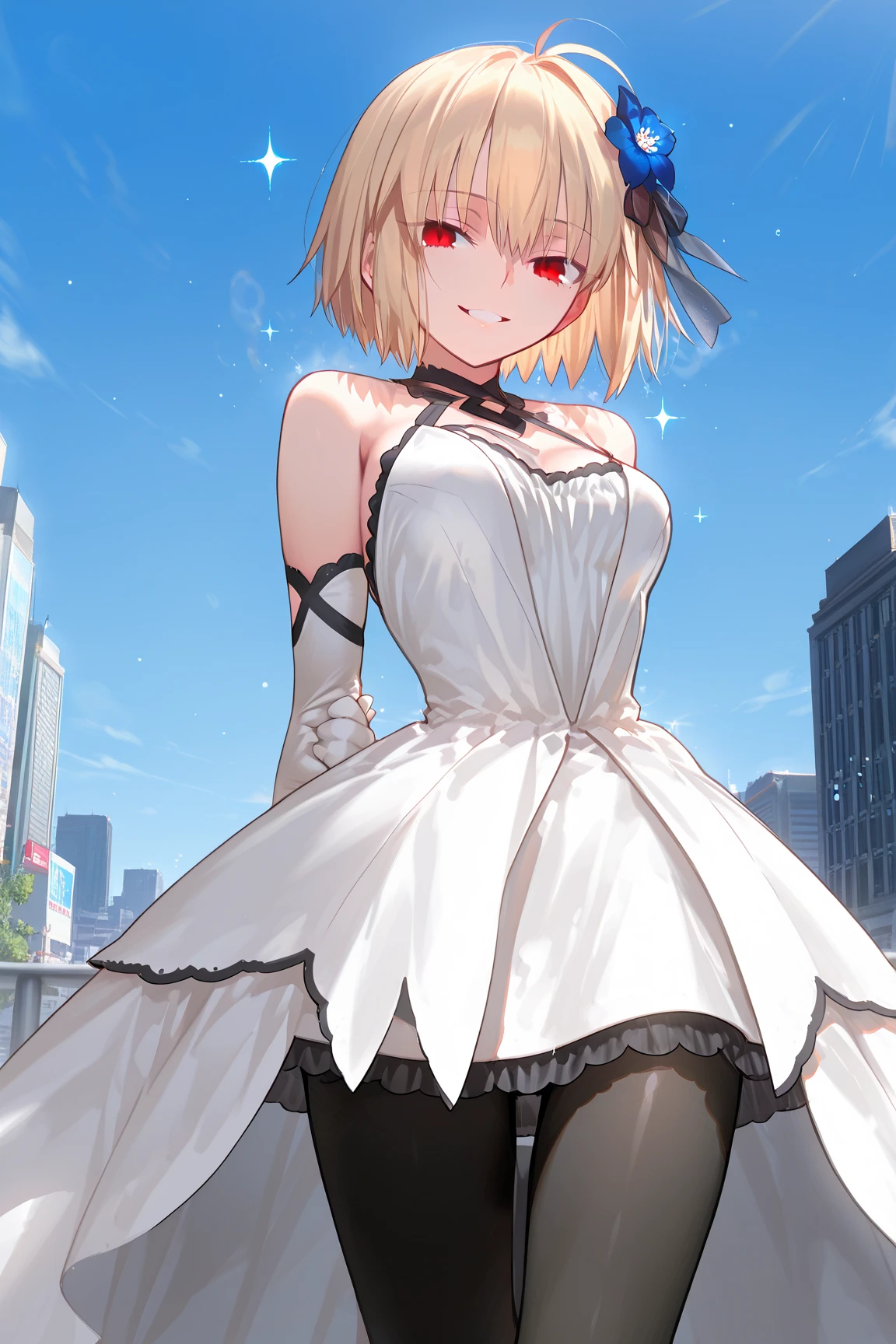 ((masterpiece)),(((best quality))), ((ultra-detailed)), ((illustration)), masterpiece, best quality, highres, {beautiful detailed eyes}, finely detail, 4k wallpaper, insanely detailed frills, extremely detailed lace, There are many scattered luminous petals, colorful flowers, night and starry sky
1girl, solo, (short blonde hair:1.2), (red eyes:1.0), gigantic breasts, (wearing white frilled cleavage dress:1.1), (hair ornament:1.1), (standing in a flower field:1.2), (full body:1.2), (shy and blush:1.0),