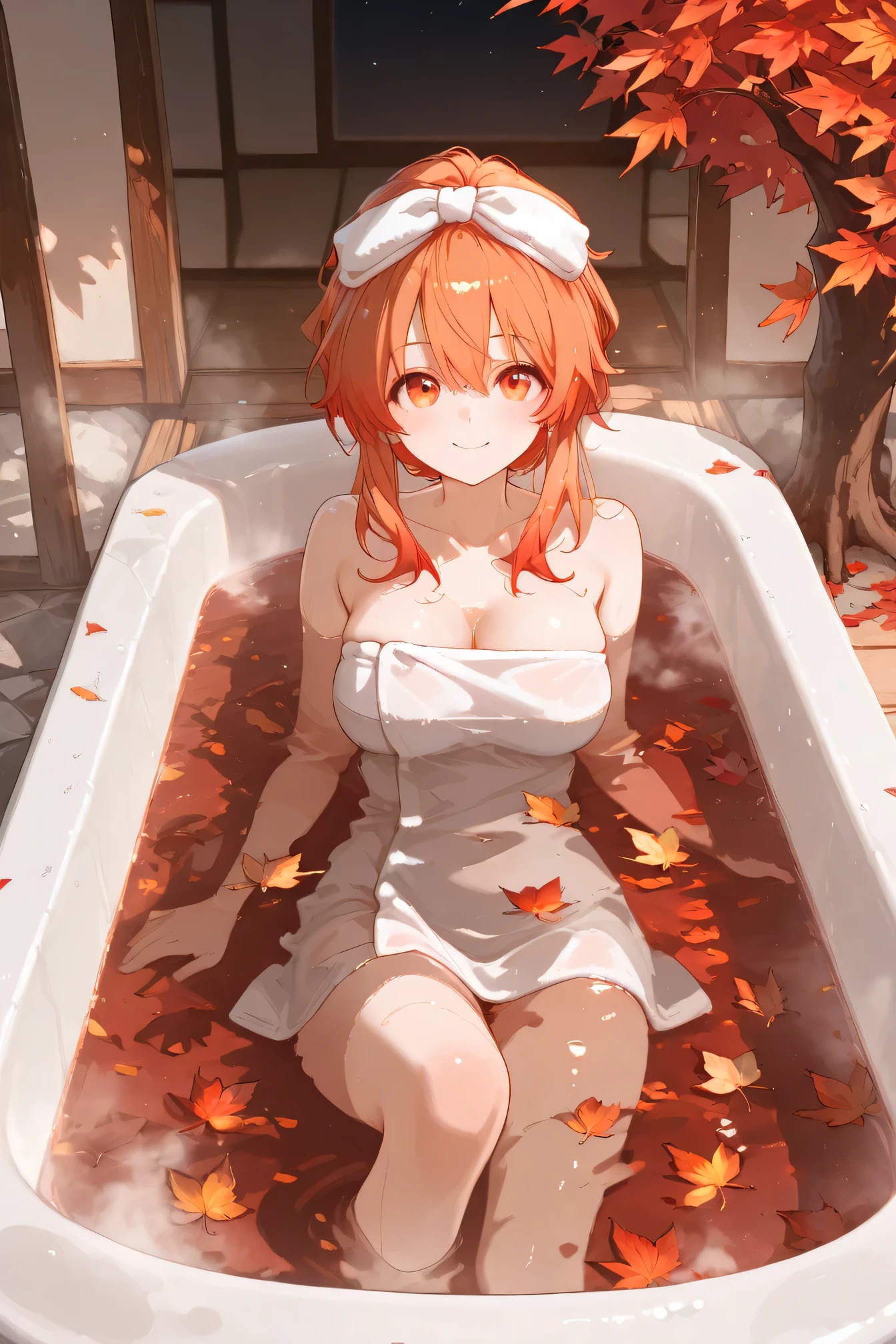 Highest Quality、anime style、at a mountain hot spring where autumn leaves are colored、A beautiful Japanese-style girl taking an open-air bath wrapped in steam。
autumn leaves float on the surface of the bathtub、A maple tree dyed red or orange in the background々。the girl is putting a Japanese-style towel on her head、looking up at the sky while smiling。Soft light envelops the scene、There is a quiet healing atmosphere in the air。masterpiece