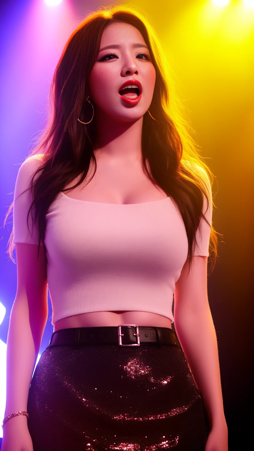 (best quality), (masterpiece), 1 girl, early 20's, huge heavy breasts, busty, massive breasts, thick, thick lips, wide hips, thin waist, tank top, wearing sexy tank top, standing in a concert