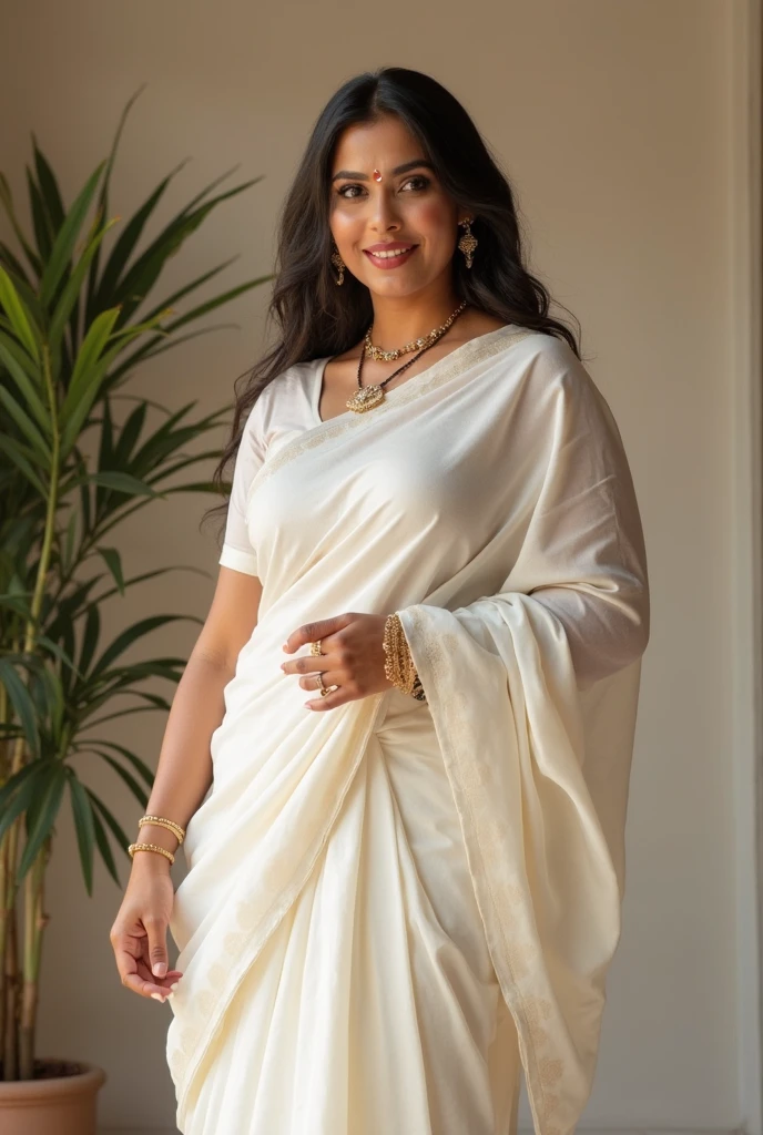 Indian curvy young female white fair skintone wearing kerala white kasavu saree in kerala home living room, celebrating onam. Realistic image.Closeup. body figure looks like actress nithya menon.big breast