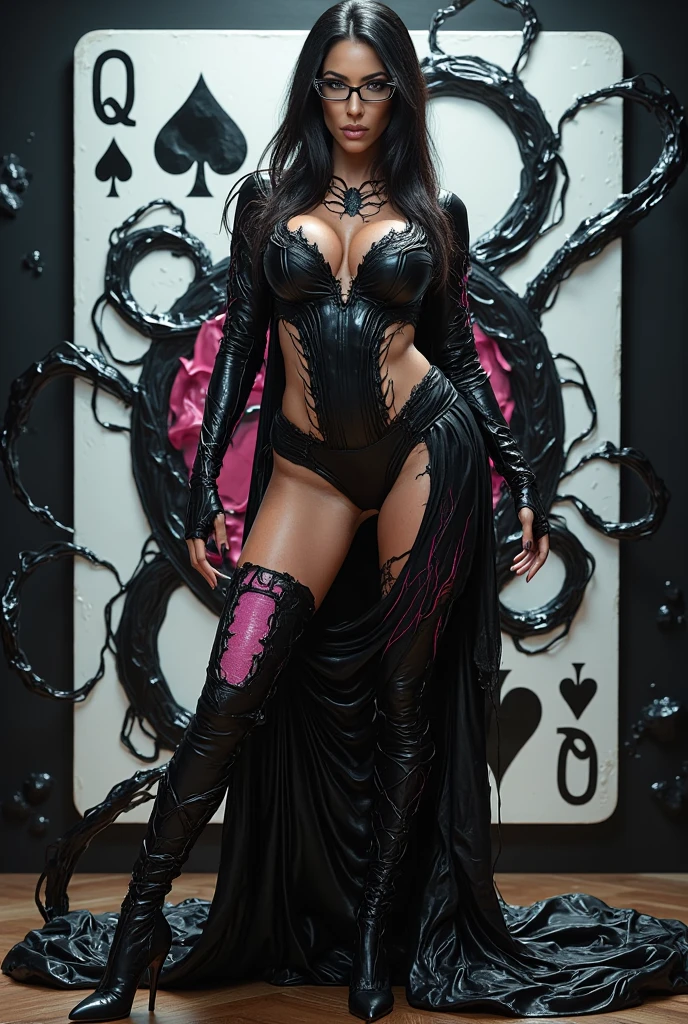 ultra realistic photo of Callizto the lead singer of Dark Symphony as a cenobite from the hellraiser movies, ritual of the blood guard, she has long black hair with purple higlights, heavy gothic makeup, white pale skin and wearing a shiny tight latex body, large exposed breast and beautiful body and face, seductive evil smile, chains with hooks carving into her flesh and body, black latex gloves, she is holding a golden cube with intricate details in front of her offering the viewer to take it, temptaiton, seductive, eat your soul, from the grave, chains and blood featuring the movies hell in the background, written text with blood on the walls, cinematic award winning realistic photo
