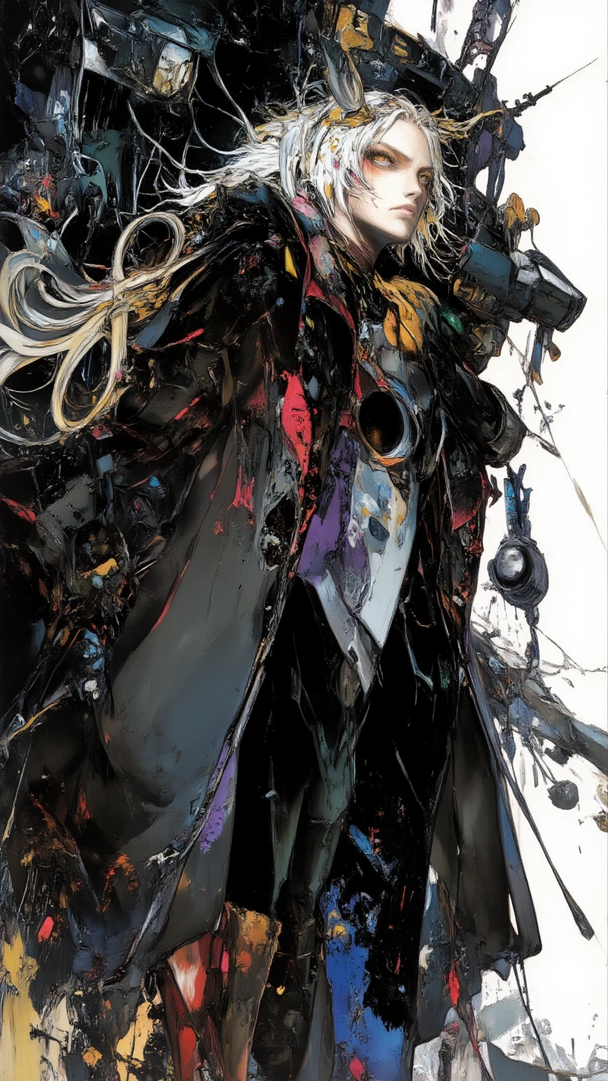 A dark, eerie scene featuring a character with white hair and red glowing eyes. The character is wearing a black outfit with a high collar, and a black mask covering the lower half of their face. The background is dimly lit, adding to the mysterious and ominous atmosphere. The character's red eyes stand out prominently against the darkness. The image is vertically oriented.One boy
