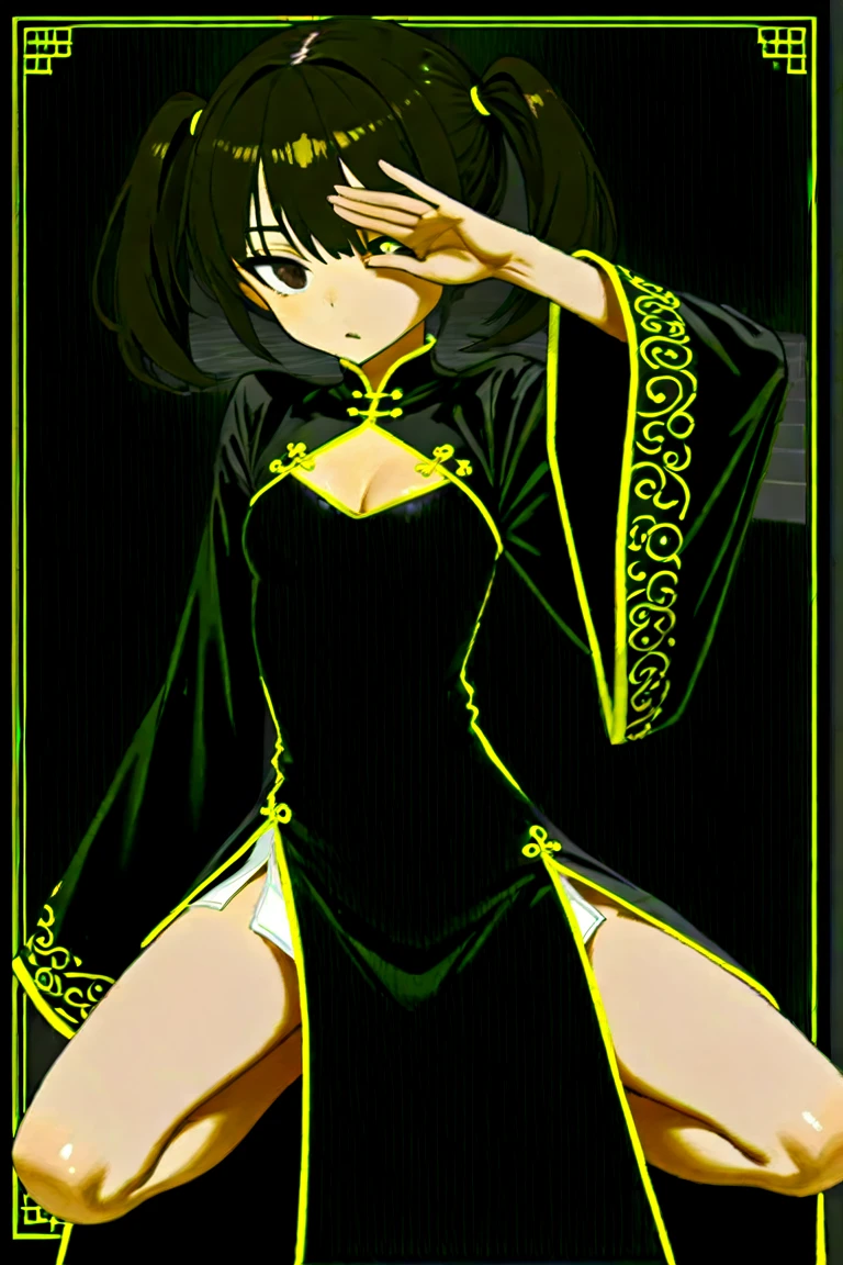 solo, mature female, sorry, dark green hair, hair flaps, green eyes, green turtleneck, day, Amaryllis \(flower\), floral background <lora:choco_(chocolate_shop)_style_v01:0.9>