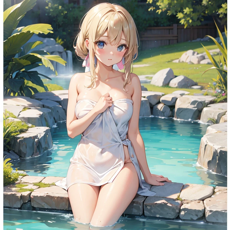 persona 5 art style、Persona 5 Style、Kasumi Yoshizawa、Yoko Asagiri、Full body like、high-level image quality、poneyTail、small tits 、Bangs、Smooth thighs、Patsun、top-quality、The ultra -The high-definition、Fine eyes、Slender legs、Fine and beautiful eyes、a white bikini、stick out buttocks、a blond、blondehair