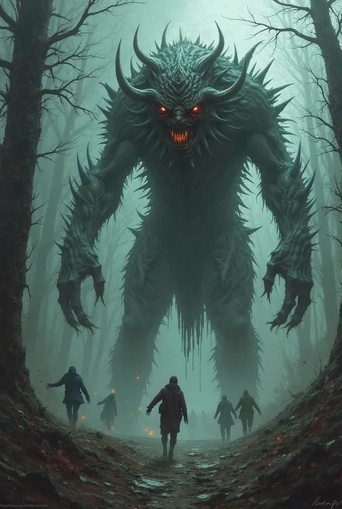wani wani panic, Horror masterpiece, best quality, (action shot, movement blur), combat, greg rutkowski, (focus on terrifying large wendigo roaring, large size difference), fantasy, people fighting it, dark winter night, forest deep dark woods, massive ancient trees, battle, scenery, mountain, outdoors, multiple people, injured people on the ground, (blood splatter flying through the air), trail of carnage, (indirect) moonlight, very detailed, high resolution, sharp, sharp image, 4k, 8k,