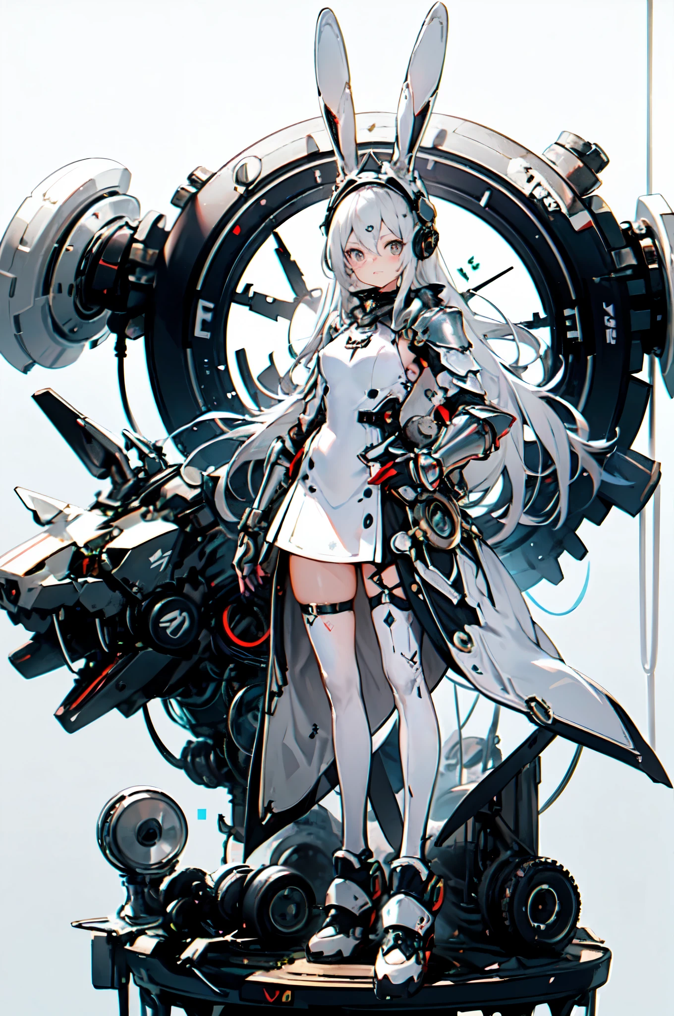 rabbit ear, mechanic, mechanical body,, ultra detail, masterpiece, Highest Quality, esthetic, detail,, serious, 1girl, (White Eye:1.1), ( GREY EYES :1.3), white hair, Very Long Hair, Part-hair, split bangs, Medium-sized chest,, Valkyrie, (bodysuit:1.1), feather headdress, grey Armored skirt, black bodysuit, Armor, Gauntlet, breastplate, greaves, Armored dress, pink,