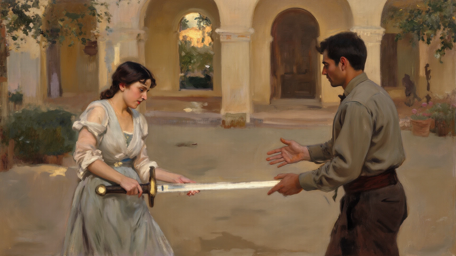 pintura de dois campos lutando entre si, Petros e Leonid,  (((roses flowers on the ground))); tuomas korpi e wlop, cena de luta, por Ilya Ostroukhov, hand to hand combat, por Alexander Kucharsky, orcs eslavos na estepe, duelo, Direção: Alexander Ivanov, enfrentando em um dueloo