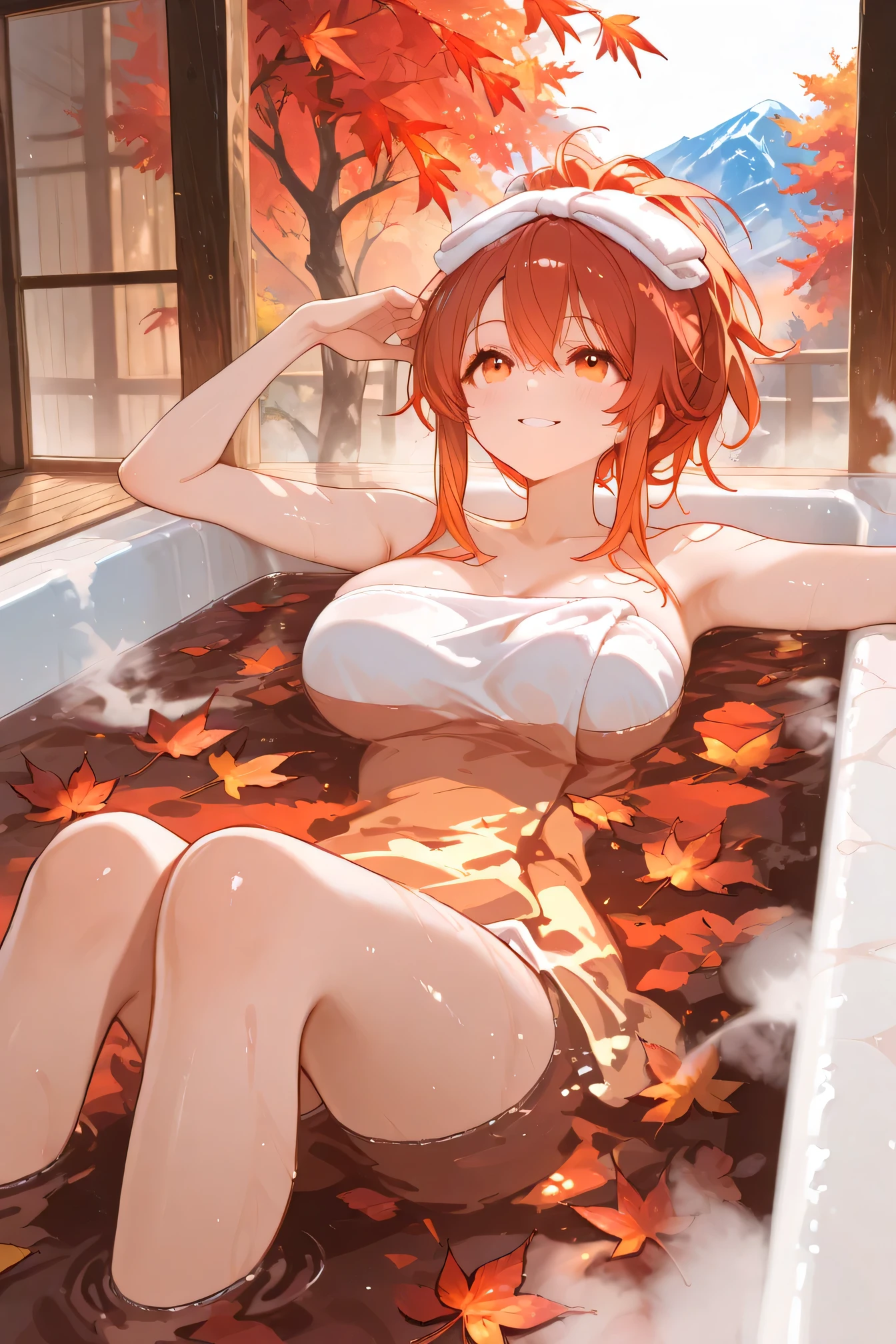 Highest Quality、anime style、at a mountain hot spring where autumn leaves are colored、A beautiful Japanese-style girl taking an open-air bath wrapped in steam。
autumn leaves float on the surface of the bathtub、A maple tree dyed red or orange in the background々。the girl is putting a Japanese-style towel on her head、looking up at the sky while smiling。Soft light envelops the scene、There is a quiet healing atmosphere in the air。Smiling、cute、masterpiece