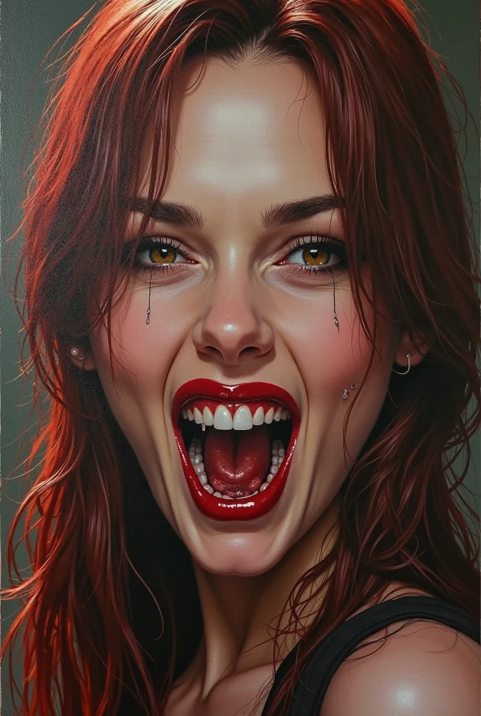 ((best quality)), ((masterpiece)) Starfire from teen titans opens her mouth wide showing you her uvula and super thick slimy and very meaty white Tongue with a sensual expression on her face