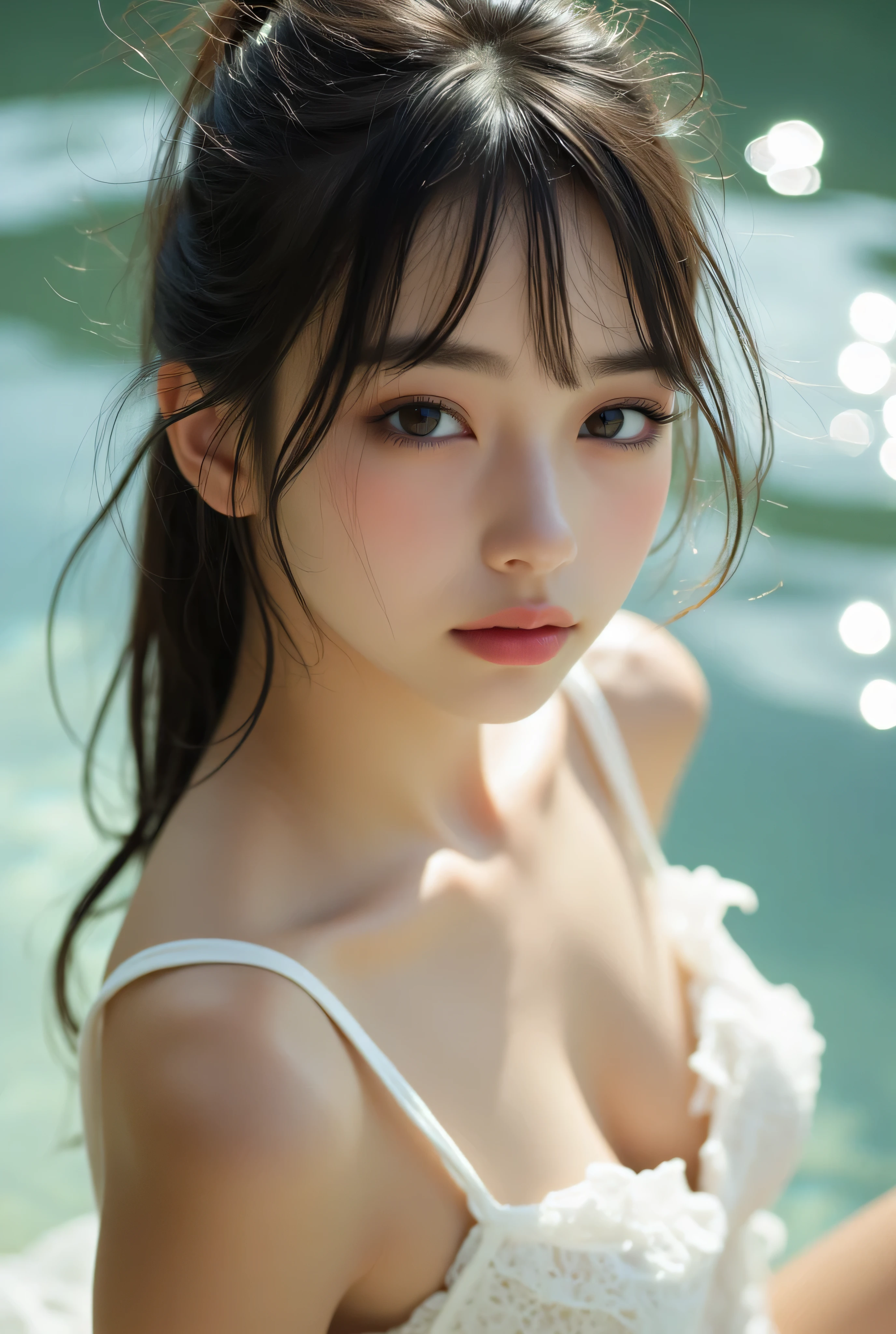One Girl,(1人のとてもcute女の子:1.3),masterpiece,Highest quality,High resolution,Photorealistic,RAW Photos,Ray Tracing,beautiful girl,(15 years old:1.3),cute,Big eyes,(detailed pupils:1.2),(The face is facing straight ahead:1.3),Body facing forward,Beautiful nose,Fuller lips,Short black hair,ponytail,short hair,Detailed eyelashes,Thin eyebrows,Very fine grain definition,(Symmetrical eyes:1.3),(Face close-up,Face Focus:1.0),Small breasts,White swimsuit,White Bikini,The background is the sea,Southern Island,Portrait,View Viewer,Upper Body,Cinema Lighting,High resolution,Very detailed