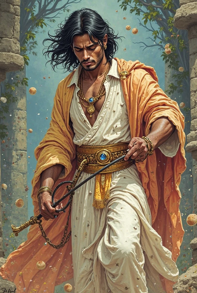 Boaz, Male, short hair with demon horns, wearing shaw-like top with roses and long pants with brown well worn shoes and gloves, colors are Pearl-Night-Blue and Jet Black, in a forest, masterpiece, best quality