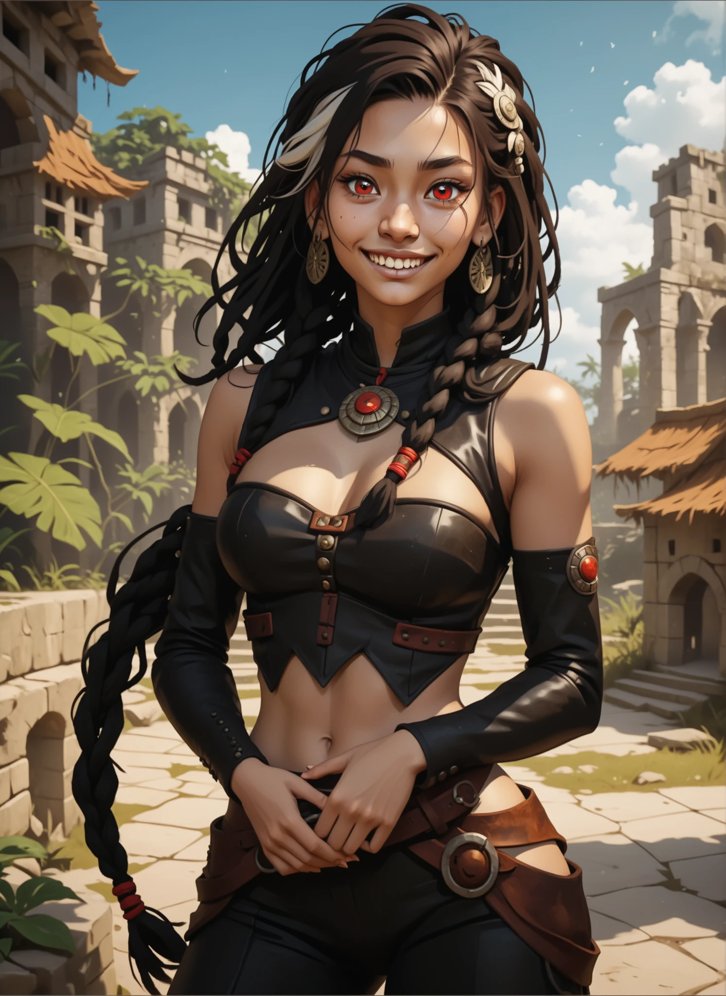 Slender body. Cute 18-year-old Aztec girl with Asian red eyes and sharp teeth and dreadlocks with white highlights. She has a cute and beautiful face. She has a round and young face with a pointy chin. Her body is athletic with abs. She wears medieval an intricate medieval leather clothing with buttons. Background: medieval jungle ruins. Realistic lighting. DnD art-style. Looking at the viewer.