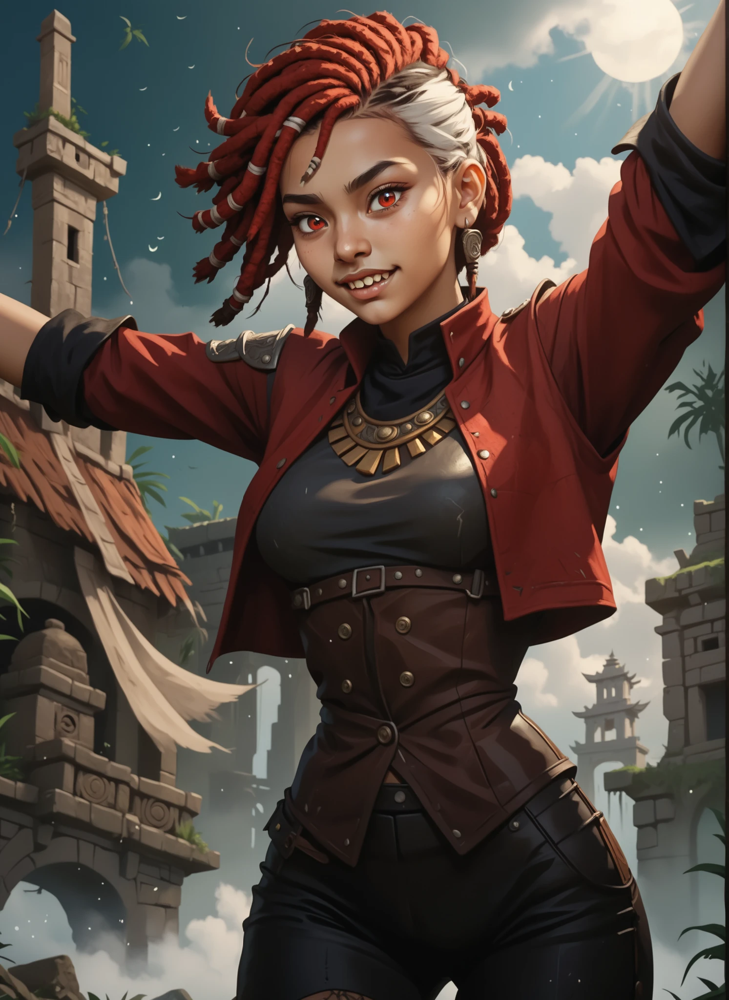 Slender body. Cute 18-year-old Aztec girl with Asian red eyes and sharp teeth and dreadlocks with white highlights. She has a cute and beautiful face. She has a round and young face with a pointy chin. Her body is athletic with abs. She wears medieval an intricate medieval leather clothing with buttons. Background: medieval jungle ruins. Realistic lighting. DnD art-style. Looking at the viewer.