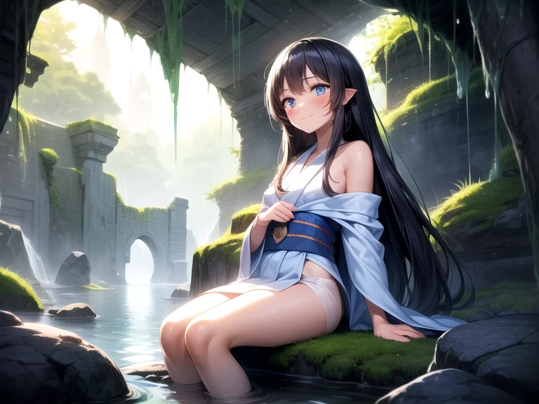 Anime girl in bikini sitting in a pond with a waterfall in the background, seductive anime girl, thick, beautiful and attractive anime woman, [ 4K digital art ]!!, Beautiful anime girl squatting, Small curves , Ross Tran. scenic background, Gweiz, digital anime illustration, digital anime art, Gweiz on artstation pixiv
