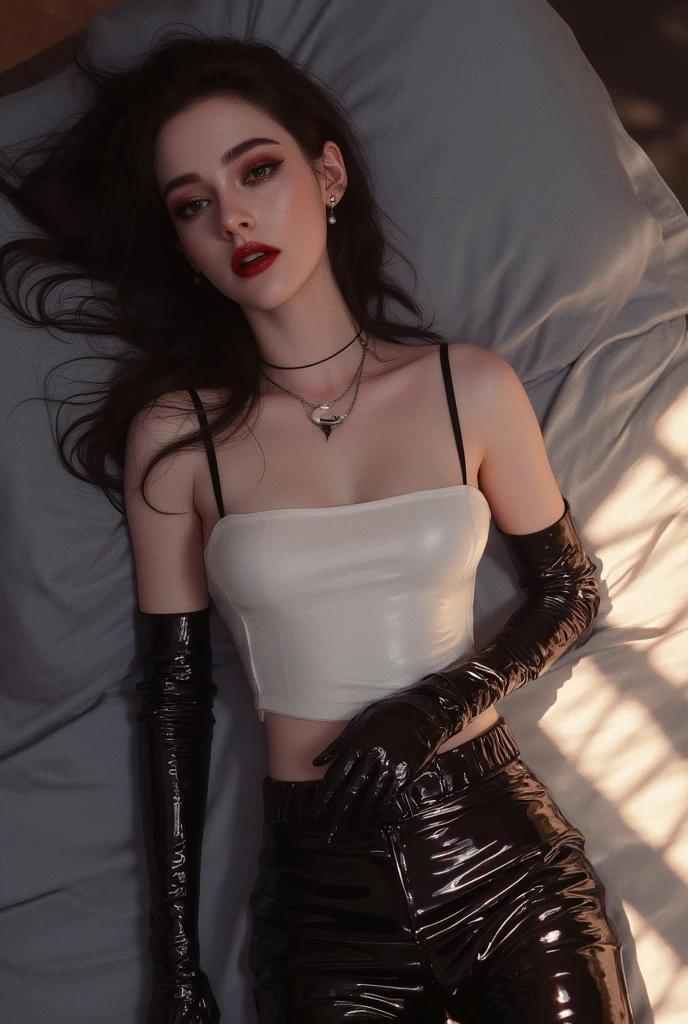 (full length editorial photograph of a 25 yo woman), (highly detailed face:1.4) (smile:0.7) long wavy dark hair, jewelled choker, smooth pale white skin, tight iridescent fishnet bodysuit , (background inside dark, moody, private study:1.3) nikon d850, film stock photograph ,4 kodak portra 400 ,camera f1.6 lens ,rich colors ,lifelike texture, dramatic lighting , cinestill 800, erotic, gothic, cyberpunk