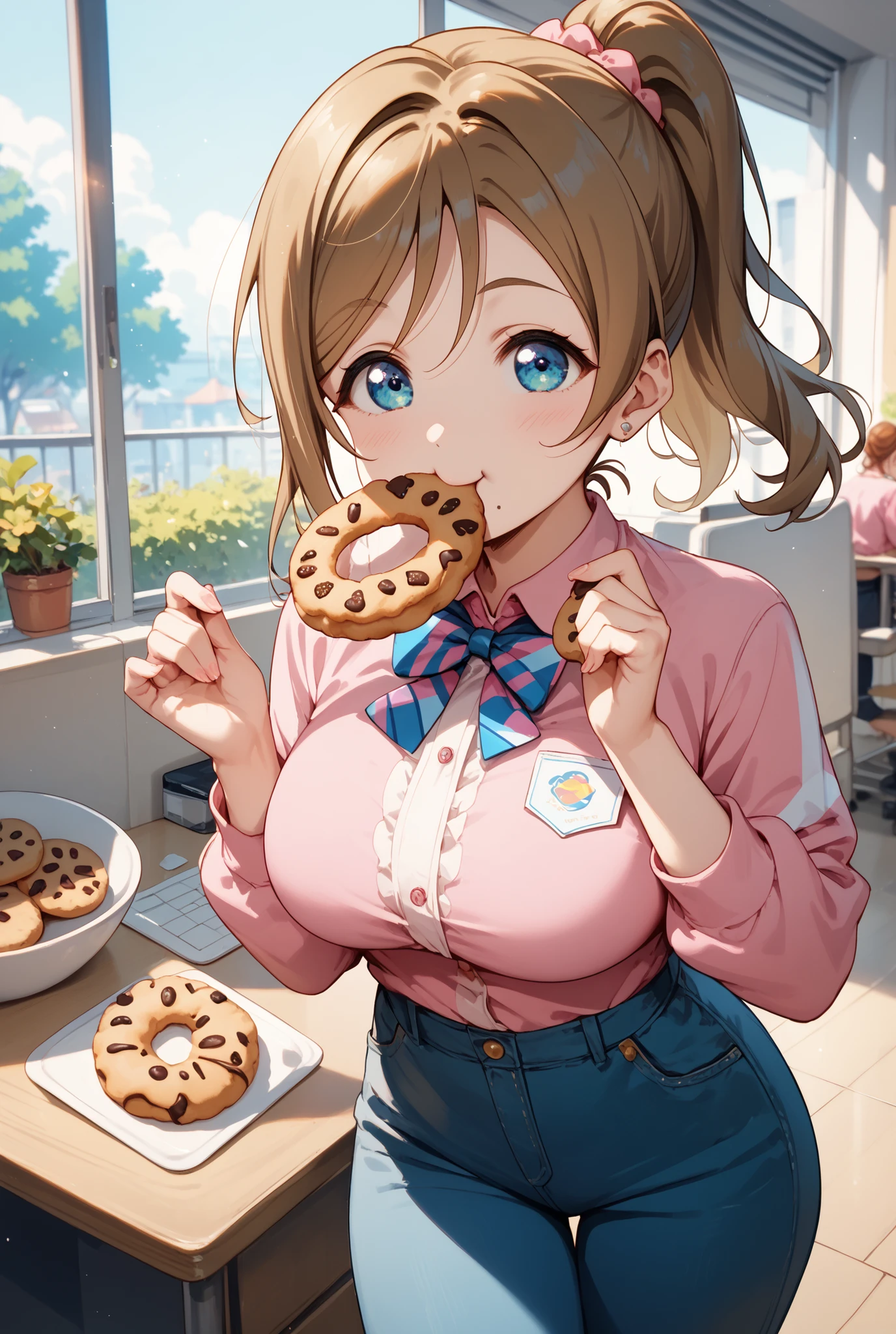 (High quality, High resolution, Fine details), Anime style, enjoying a delicious doughnut, mouth-watering doughnut, mouth-watering dessert, holding a doughnut in mouth, stylish outfit, solo, curvy women, braided hair, sparkling eyes, (Detailed eyes:1.2), (smile), blush, Sweat, Oily skin, (Focus on face), shallow depth of field, natural environment
