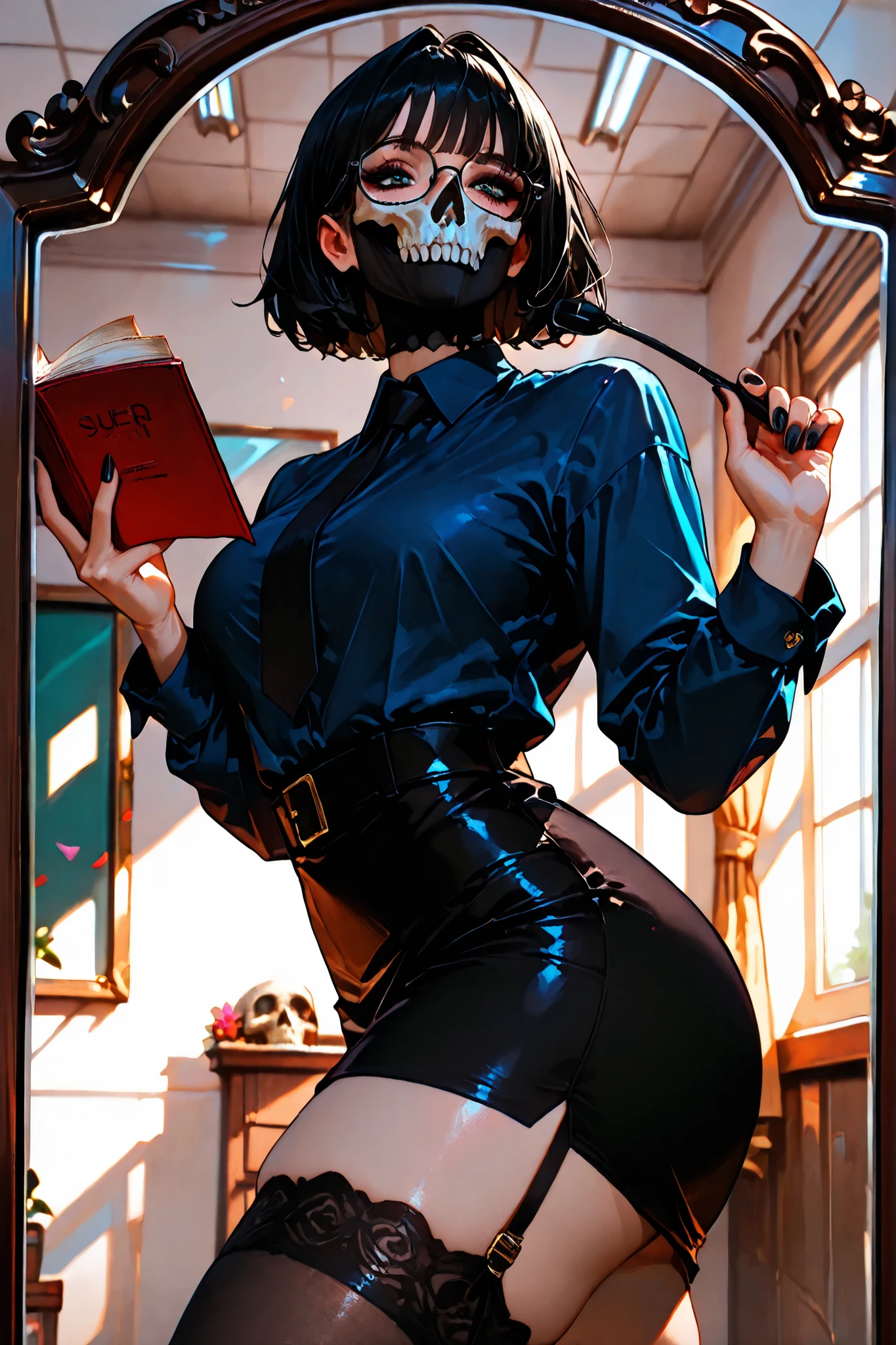(SuperQuality:1.0) ~ (SuperQuality:1.2), detailxl, girl, Solo, High Resolution, Best Quality, High Details, Super Detailed, indoors, (simon_riley), ((skull_mask)), teacher, glasses, holding a book, black skirt, stockings, high heels, short hair, black hair, long nails, black nails, beautiful eyes, sexy pose, ((mirror view))