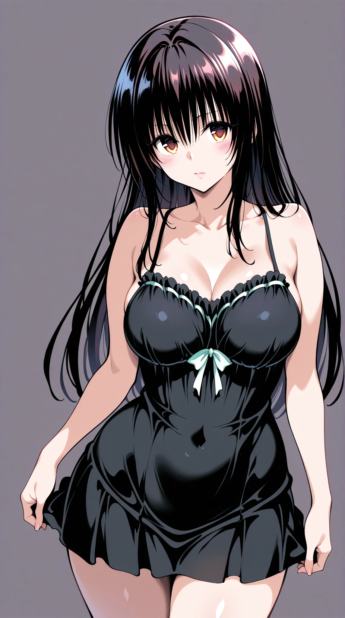best quality, amazing quality, very aesthetic, absurdres, 1girl, rio (blue archive), blue archive, red eyes, black hair, strapless, (artist official art:1.5), (realistic face), (narrowed eyes), (cowboy shot:2), (concept art), panties, (thigh), expressive eyes, perfect face, 4k, extremely detailed anime illustration, extremely detailed eyes, enhanced details, perfect anatomy, light rays, photo background, extremely delicate body, smooth skin, feminine expression, (black background:1.5), cristal clear eyes, beautiful face, big breasts