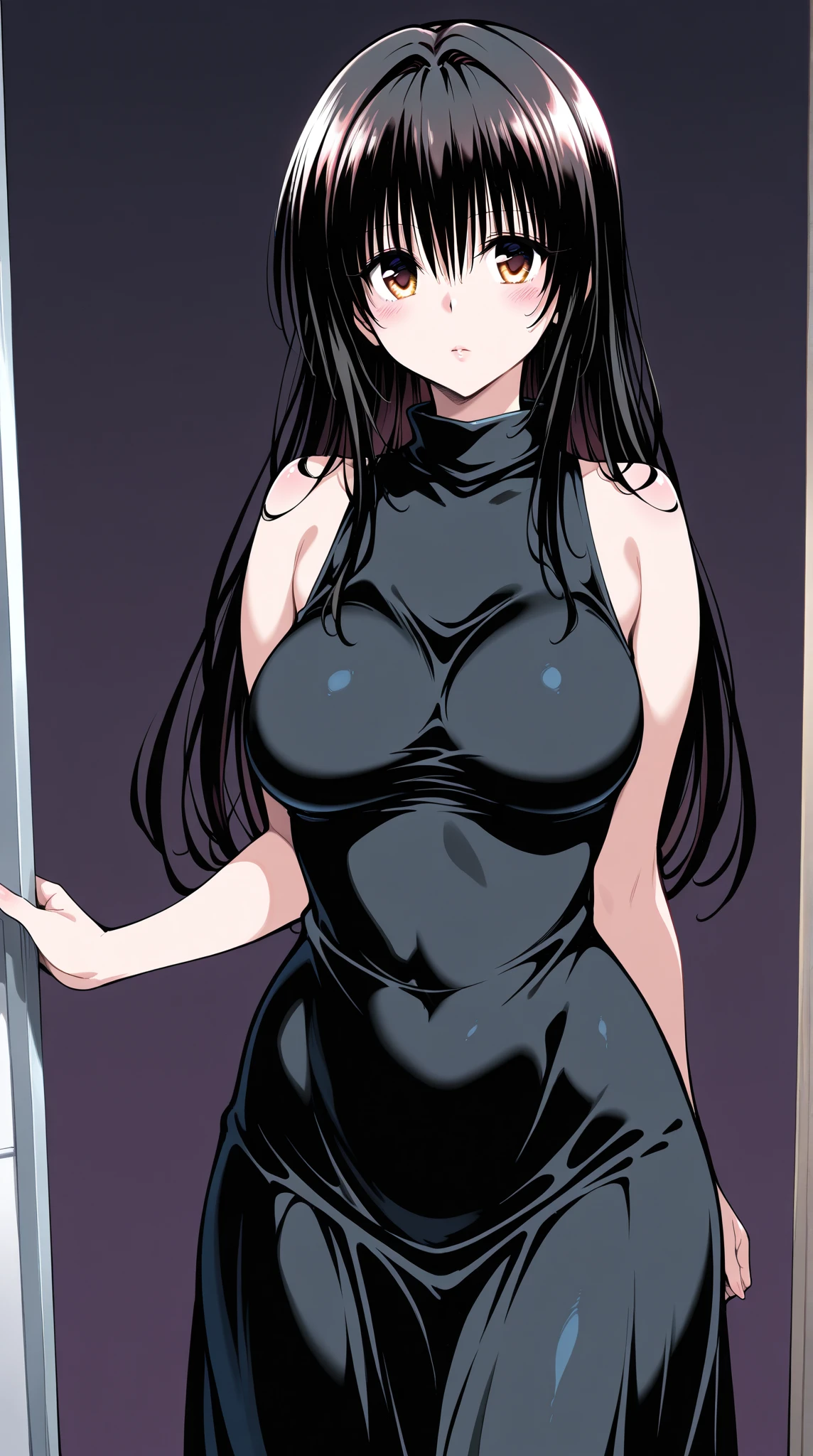 8k, highres, ultra detailed, (masterpiece:1.4), best quality, symmetrical body, adult woman, (fancy and sexy short latex dress:1.4), choker, cute, solo, earrings, long hair, dark purple hair, brown eyes, glow effect, finely eye detailed face, looking at viewer, teasing viewer, in the bedroom, angled view, big breasts, teasing smile, seductive look