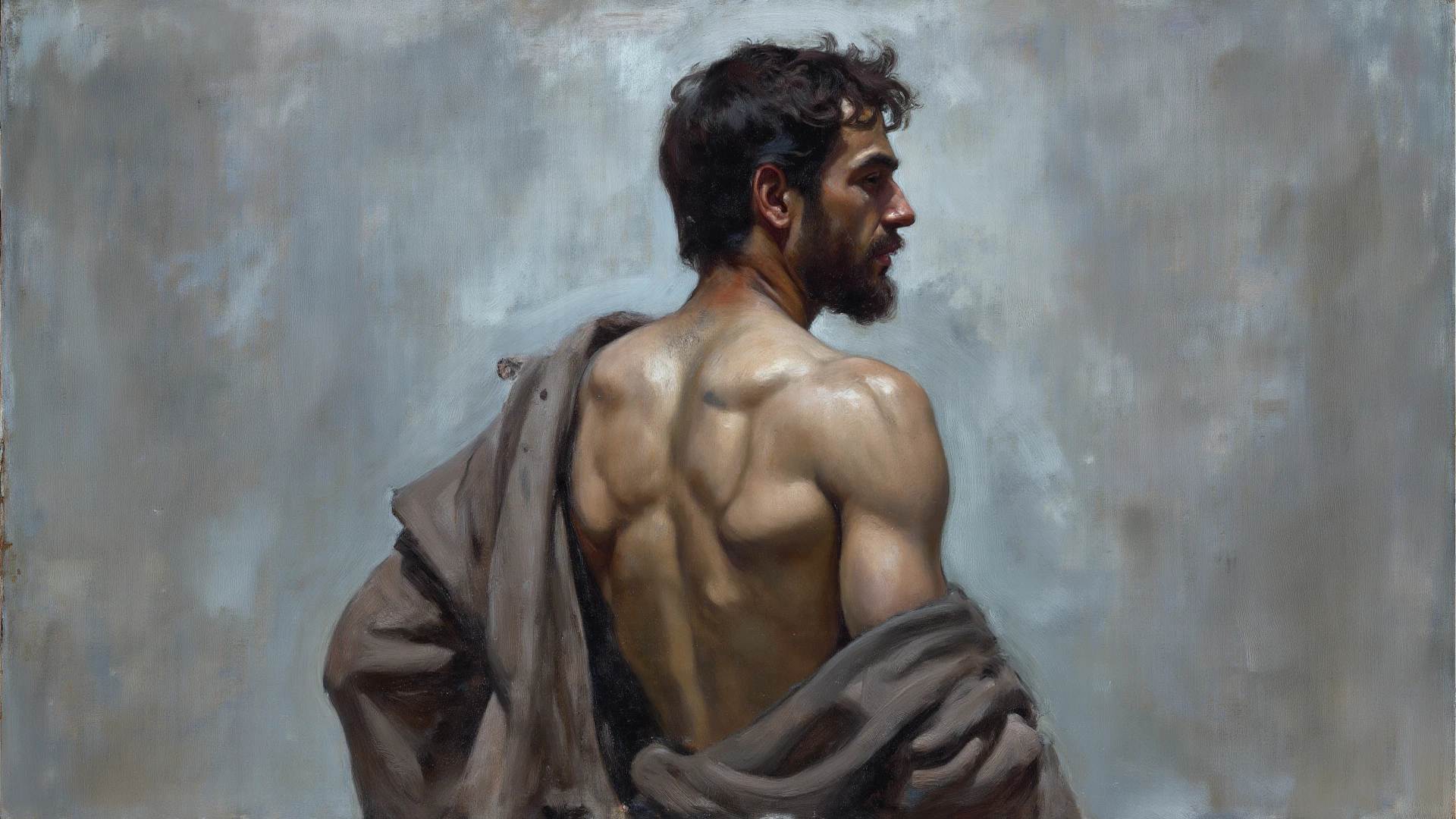 oil painting, oil on canvas, back view, brush stroke texture, chiaroscuro mood, Wolf Master, Youthful, Man, art by Andreas Achenbach, by Frank Frazetta, intricate details, extremely detailed, dreamy, artistic interpretation, concept art, handsome man, chest, abs, slim waist, bare ass, full body, oil paint, masterpiece