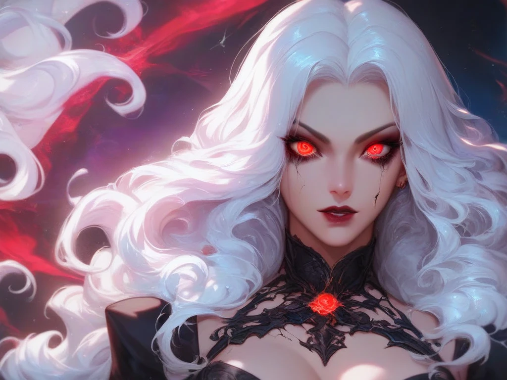 gorgeous female, pale skin, white hair, gothic, red eyes, black background, strong king, emperor, warrior,vampire clothes, face shot, sexy, demon, voluptuous, thick, gigantic breasts