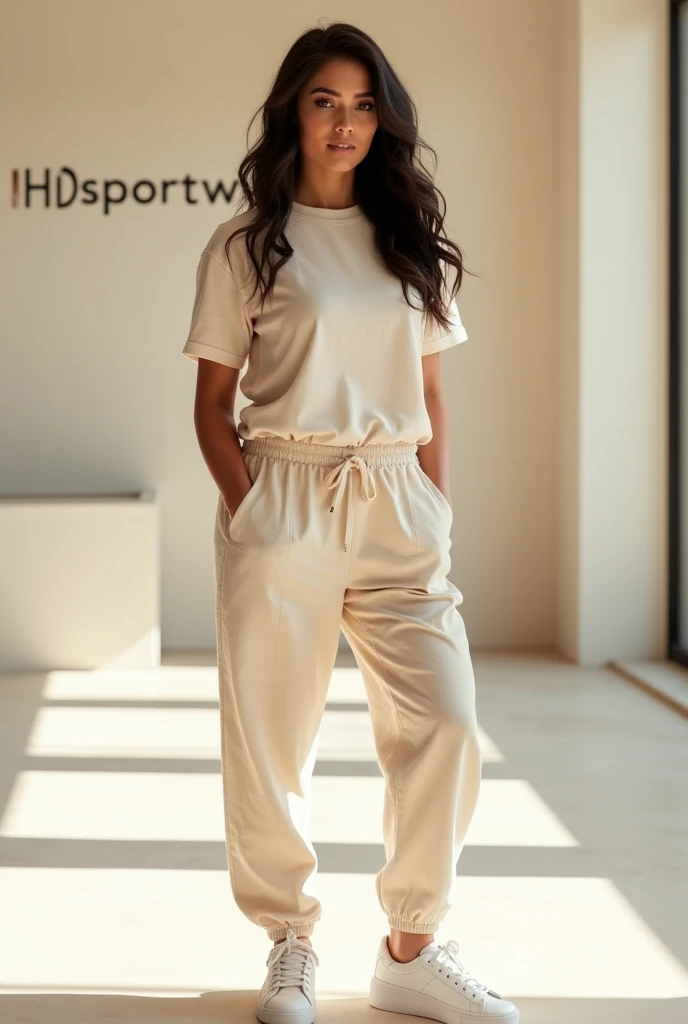 1 Indonesian sporty girl, 35 years old, wearing baggy white t-shirt and Red pant, sport shoes, slim body, masterpiece, highly detailed, ultra hd, 8k, detailed face, bright eyes, dynamic standing poses, dynamic angle