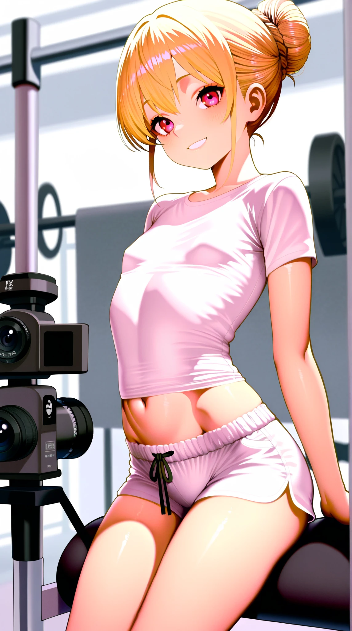 1 young cheerleader, bra and panties,in gym locker room, small breasts   random hair styles, beautiful, perfect skin, 8k resolution, perfect lighting, perfect face, perfect shading, extreme detail, shining, tanned skin, bright lighting, taking selfie