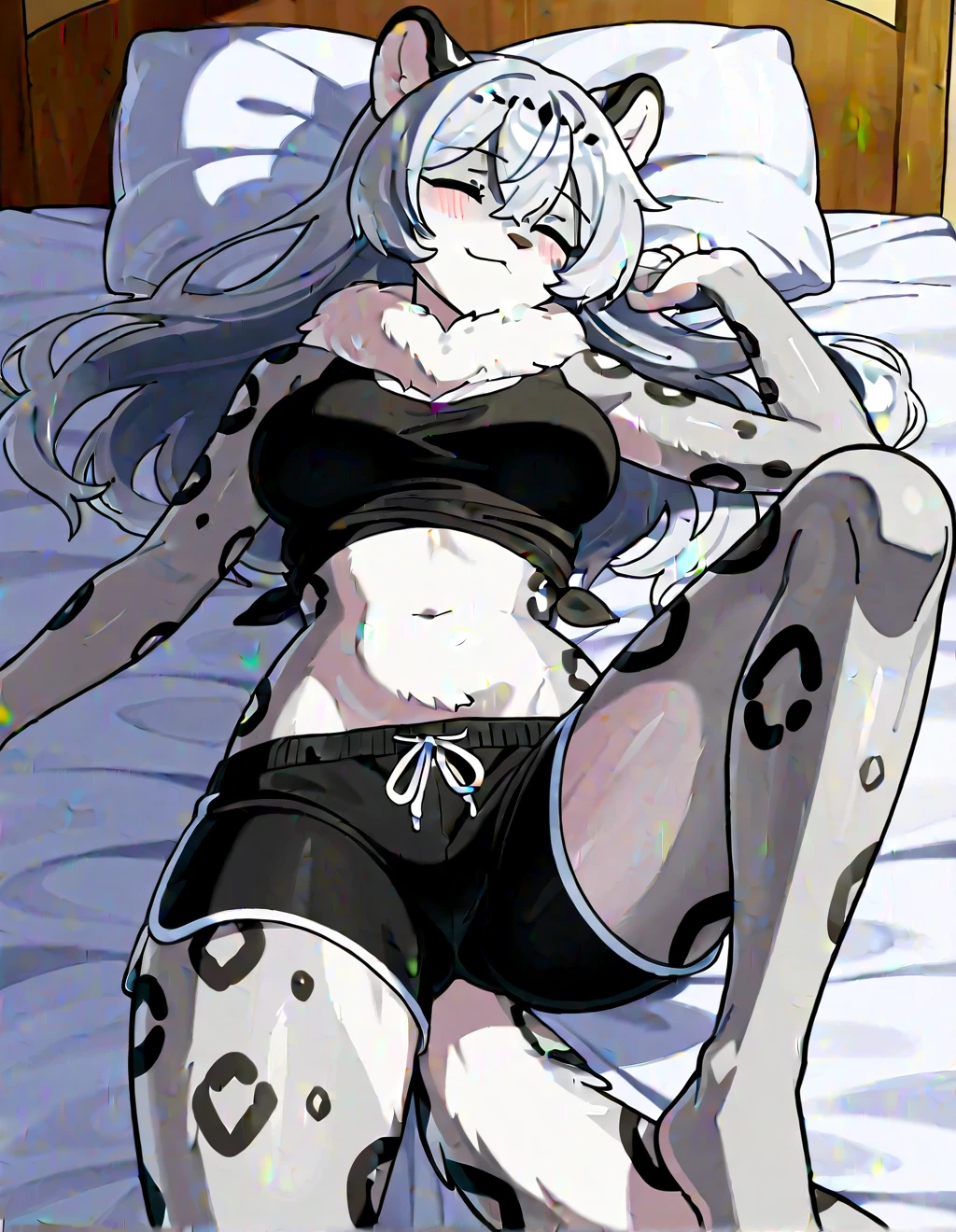 a hot seductive mature woman, black pearl cookie, lying down in bed. she has a curvy but slim body, with lovely curves and long sexy legs. her skin is grey and so smooth that it glows. her hair is long, wavy and white, and it's fluffy and messed up. her eyes and white and sharp with long eyelashes. she's wearing a tight black bikini, showing her skin, as well as a pair of long black stockings, long black gloves and a choker. her pose is seductive and alluring: she's lying down on the bed while looking at the viewer and showing her armpits. she's also opening her legs. the viewer is in front of her and has a close up of her face from above. she's smiling seductively and blushing a lot on her cheeks and nose. HD, very detailed picture, hearts around head, closeup face